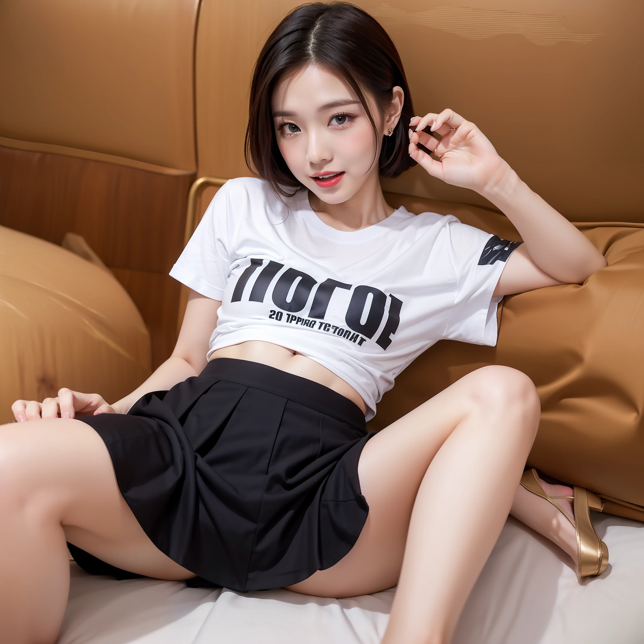 1 girl , realisticlying, best qualityer, ((Eye makeup))((((short skirt)))),((sandals))(((Low-cut clothing)))((pantiess))(((Happy expression: 1.8)),full bodyesbian, (Larger chest), Twinkle, (20yr old), ((Slimmer figure: 1.5)), (((tee shirt: 1.5)))), ((Nice hairstyle: 1.5)))), (((opening legs: 1.8)),((((ankle)))),((((Toes))))