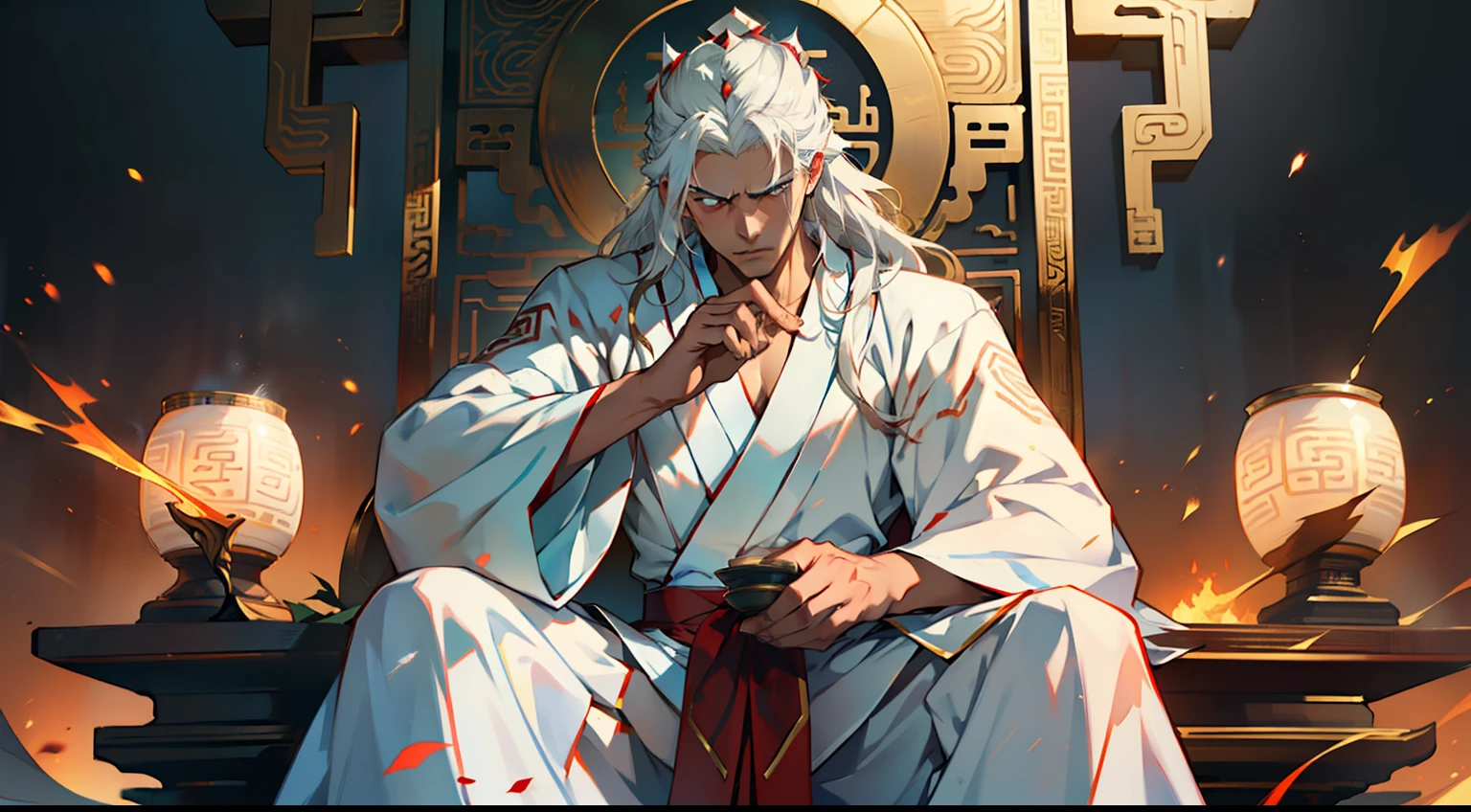 40, (1 person) (boy, ((white Hanfu youth)), ((Long white hair)), kingly air, gorgeous, handsome, outstanding temperament, sitting on the sacred throne, with a cold expression, prepares to deliver a fatal blow to the person in black)(Background: in the sacred, magnificent ancient Chinese imperial palace).