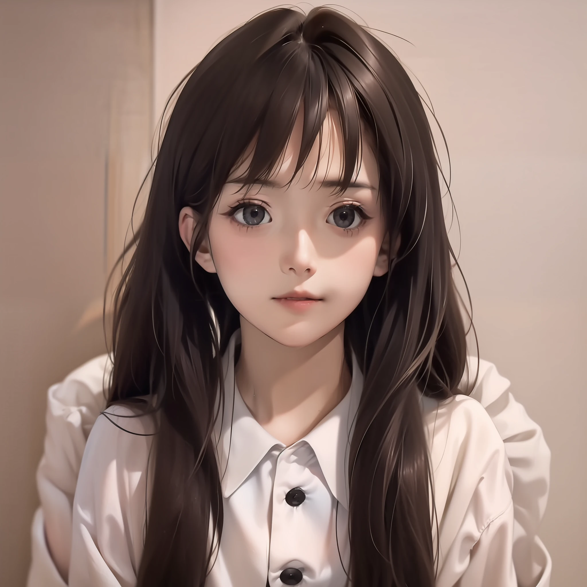 Masterpiece, best quality, (dark photo: 1.3), realistic, 1girl, flat bangs, stunning innocent symmetrical face, shirt, emotional, ulzzang, (PureErosFace_V1: 0.7)