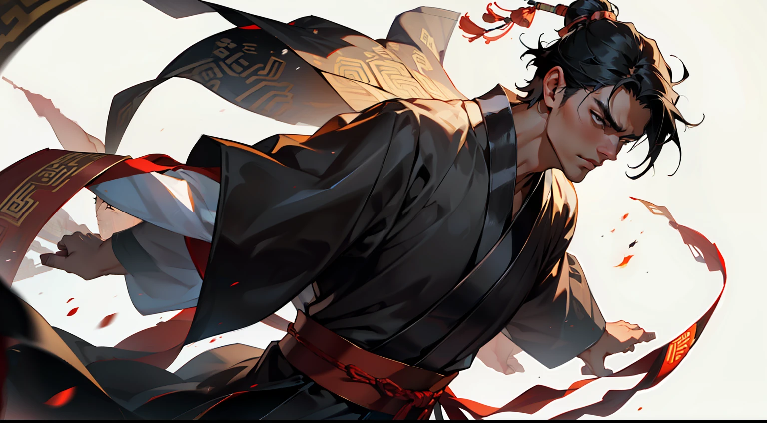 37, (1 person) (boy, ((Black coat)), ((Black Hanfu youth)), ((Black hair)), kingly air, gorgeous, handsome, outstanding temperament, swiftly navigates through the environment, attempting to escape from the pursuit of the person in white)(Background: in the sacred, magnificent ancient Chinese imperial palace).