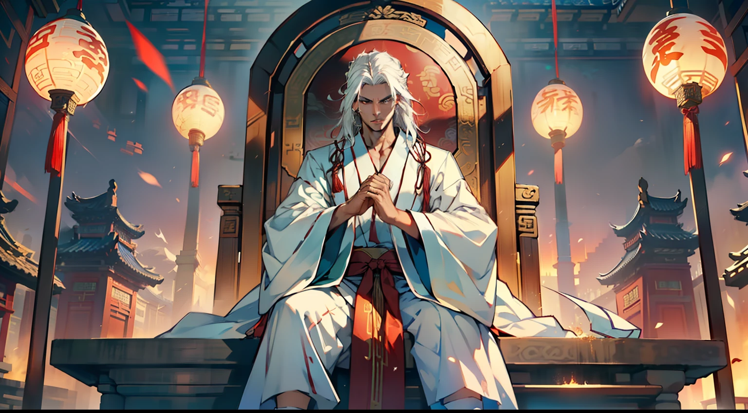 38, (1 person) (boy, ((white Hanfu youth)), ((Long white hair)), kingly air, gorgeous, handsome, outstanding temperament, sitting on the sacred throne, sneers, and demonstrates powerful pursuit skills, pushing the person in black to a desperate situation)(Background: in the sacred, magnificent ancient Chinese imperial palace).