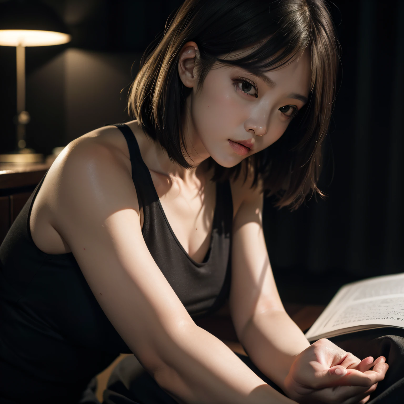 best qualtiy, tmasterpiece, 超高分辨率, (realisticlying:1.5), RAW photogr, 1girll, bshoulders, in the darkness nigth, deep shading, low tune, cold light, Nice look, with short golden hair