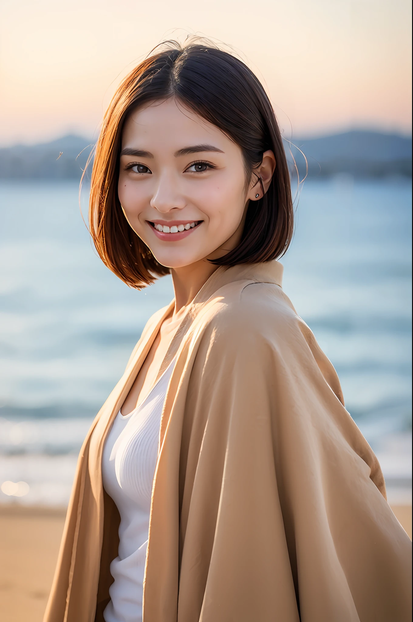 beautiful japanese female、Vivid kimono、top-quality、​masterpiece、超A high resolution、Photorealsitic、Look at the horizon、A smile、Blurred background