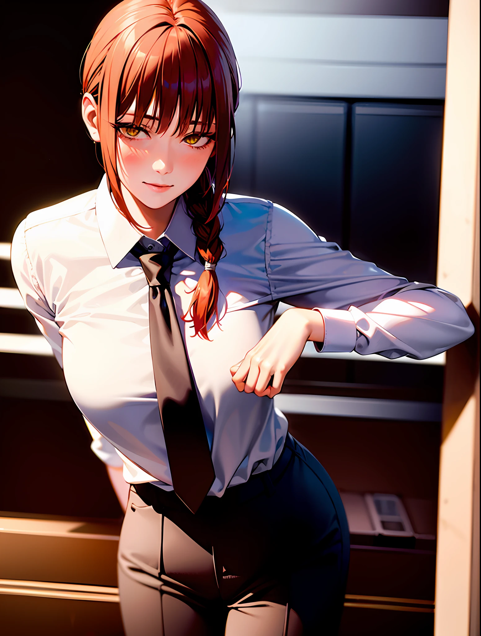detailed shiny skin, (realistic, photo-realistic:1.4), a pretty girl, standing, looking out of window, white shirt, collared shirt, black necktie, black trousers, long sleeves, slight smile (nose blush), yellow eyes + ringed eyes, short hair + red hair + long braided hair, makima \(chainsaw man\)