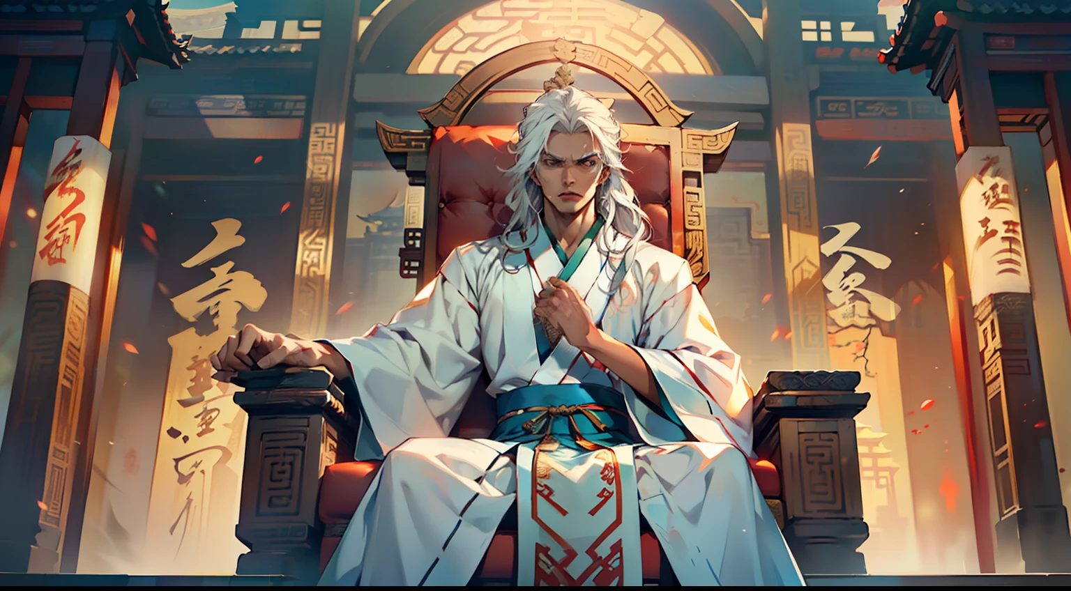 38, (1 person) (boy, ((white Hanfu youth)), ((Long white hair)), kingly air, gorgeous, handsome, outstanding temperament, sitting on the sacred throne, sneers, and demonstrates powerful pursuit skills, pushing the person in black to a desperate situation)(Background: in the sacred, magnificent ancient Chinese imperial palace).