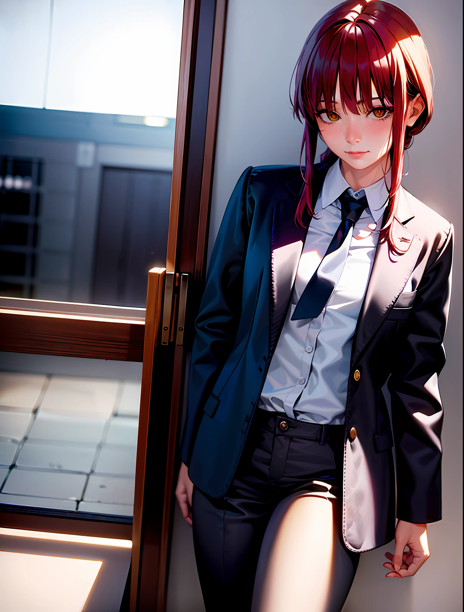 detailed shiny skin, (realistic, photo-realistic:1.4), a pretty girl, standing, looking out of window, white shirt, collared shirt, black necktie, black trousers, long sleeves, slight smile (nose blush), yellow eyes + ringed eyes, short hair + red hair + long braided hair, makima \(chainsaw man\)