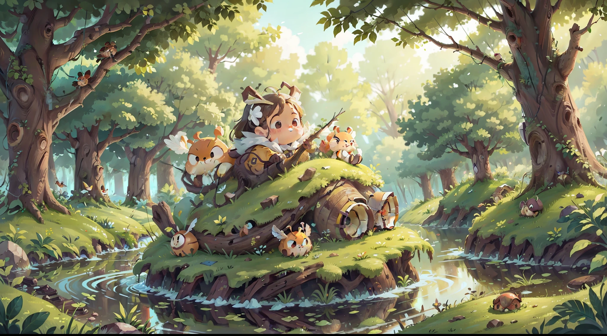 /Drawing A large hornet's nest hangs from the branches of a large tree on the meadow，A large nest in the grass under the tree，There is a nest on the surface of the water in the river