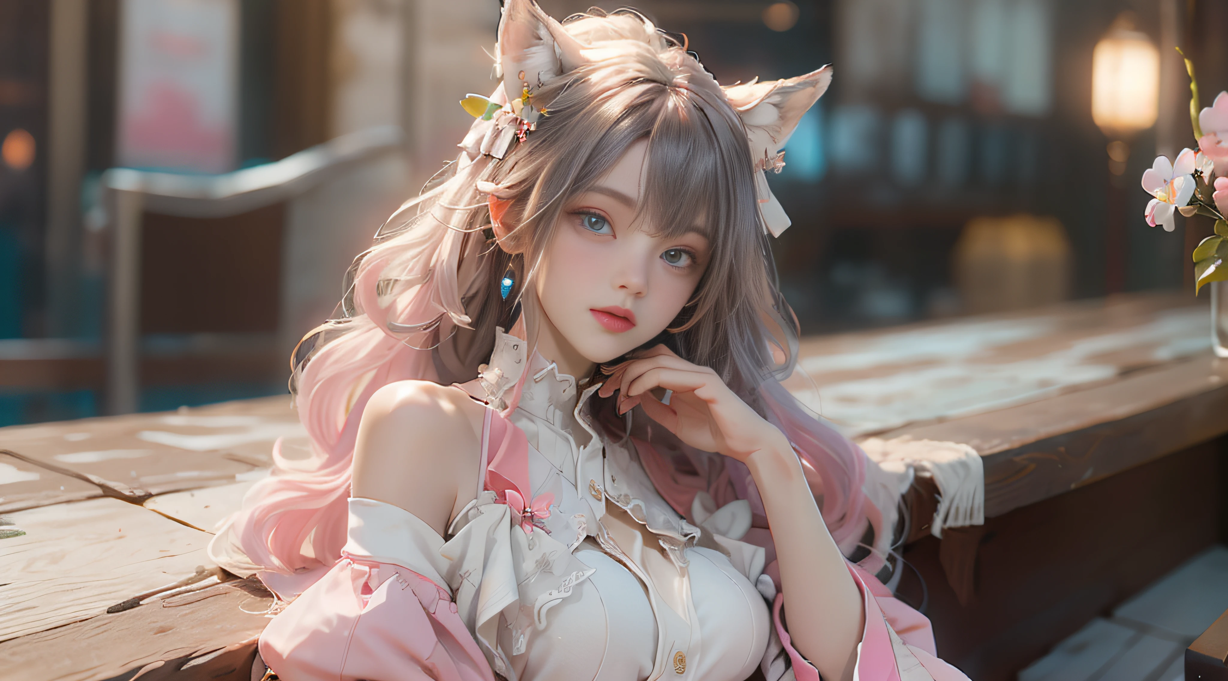 ((best qualtiy)), ((tmasterpiece)), (detail:1.4), Beautiful cyberpunk female images,hdr(HighDynamicRange),Ray traching,NVIDIA RTX,Hyper-Resolution,illusory 5,sub surface scattering,PBR textures,post-proces,Anisotropy Filtering,depth of fields,maximum definition and sharpness,Many-Layer Textures,Albedo e mapas Speculares,Surface coloring,Mitsu-Accurate simulation of material interactions,perfectly proportioned,rendering by octane,Two-colored light,largeaperture,Low ISO,White balance,Rule three points、8K raw data、Beautiful bright blue pupils,off-the-shoulder clothes,Fine pupils,Delicate face and eyes,long eyelasher,Blushlush,Delicate and fluffy hair,pink lip,Pure,Cute face,Sweet girl,Artistic sense,Casual wear,Advancedsense,butterflys,Cherry blossom petal,Beautiful hair accessories,Long hair and waist,Hair fluttering in the wind,Snow-white fox ears,curlies