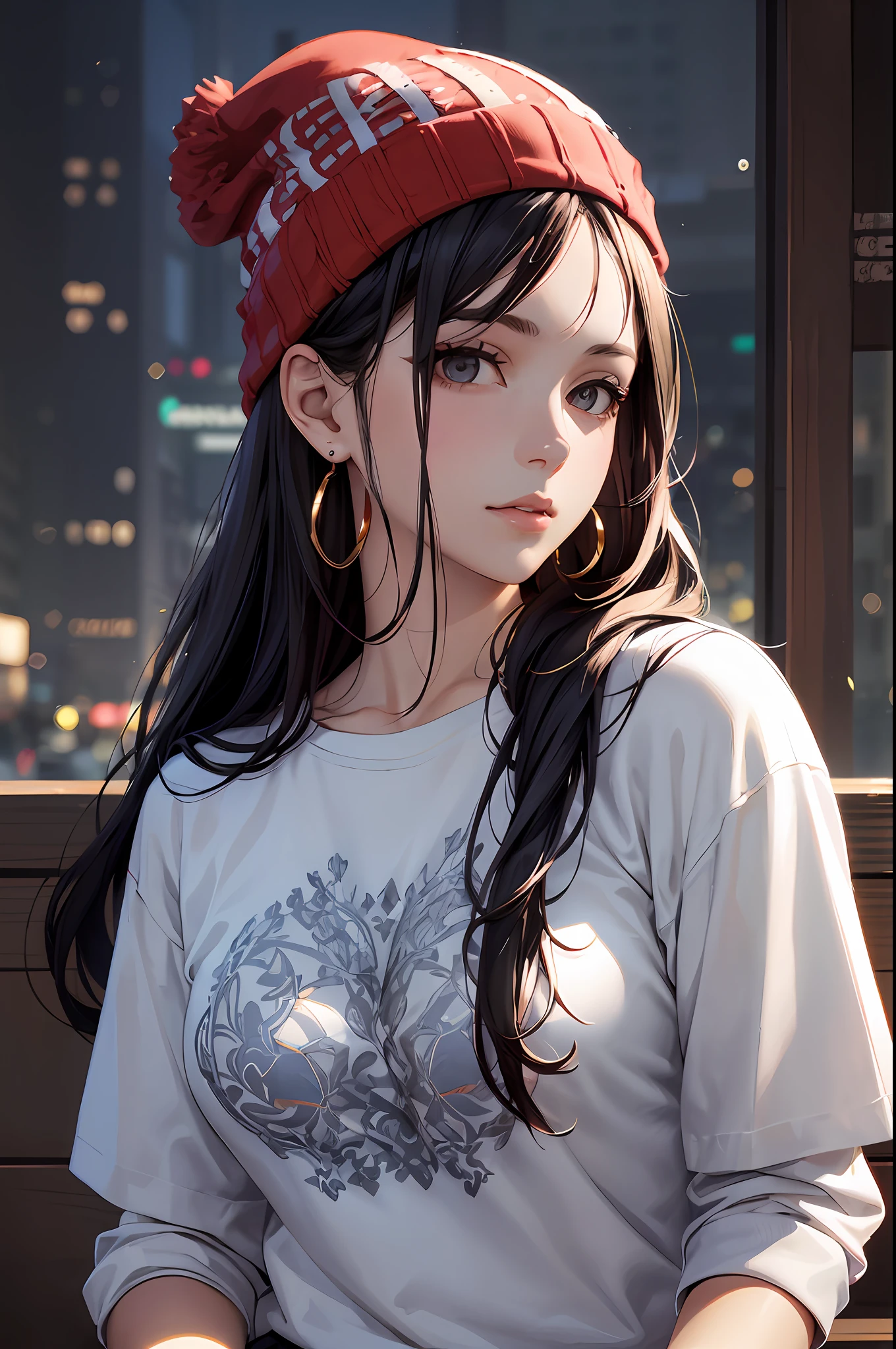 1girl, solo, long hair, black hair, clothes writing, brown eyes, looking at viewer, beanie, lips, upper body, closed mouth, shirt, earrings,