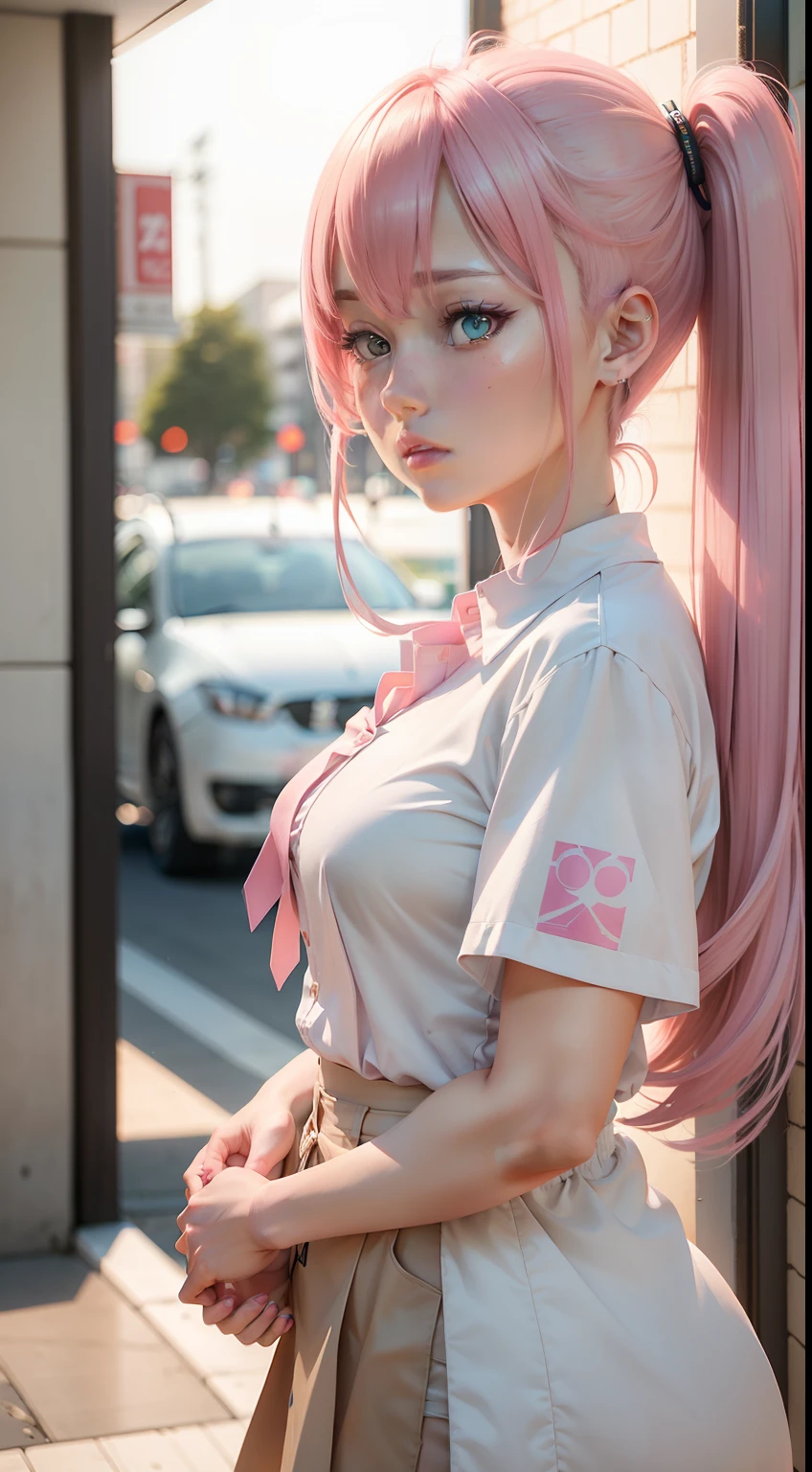 there is a woman with pink hair and a white shirt, Anime girl in real life, Photorealistic anime, hyper realistic anime, Anime. Soft lighting, Anime girl cosplay, Realistic anime 3 D style, Anime style mixed with Fujifilm, seductive anime girls, Realistic anime, pink twintail hair and cyan eyes, Ayaka cosplay, 3 d anime realistic