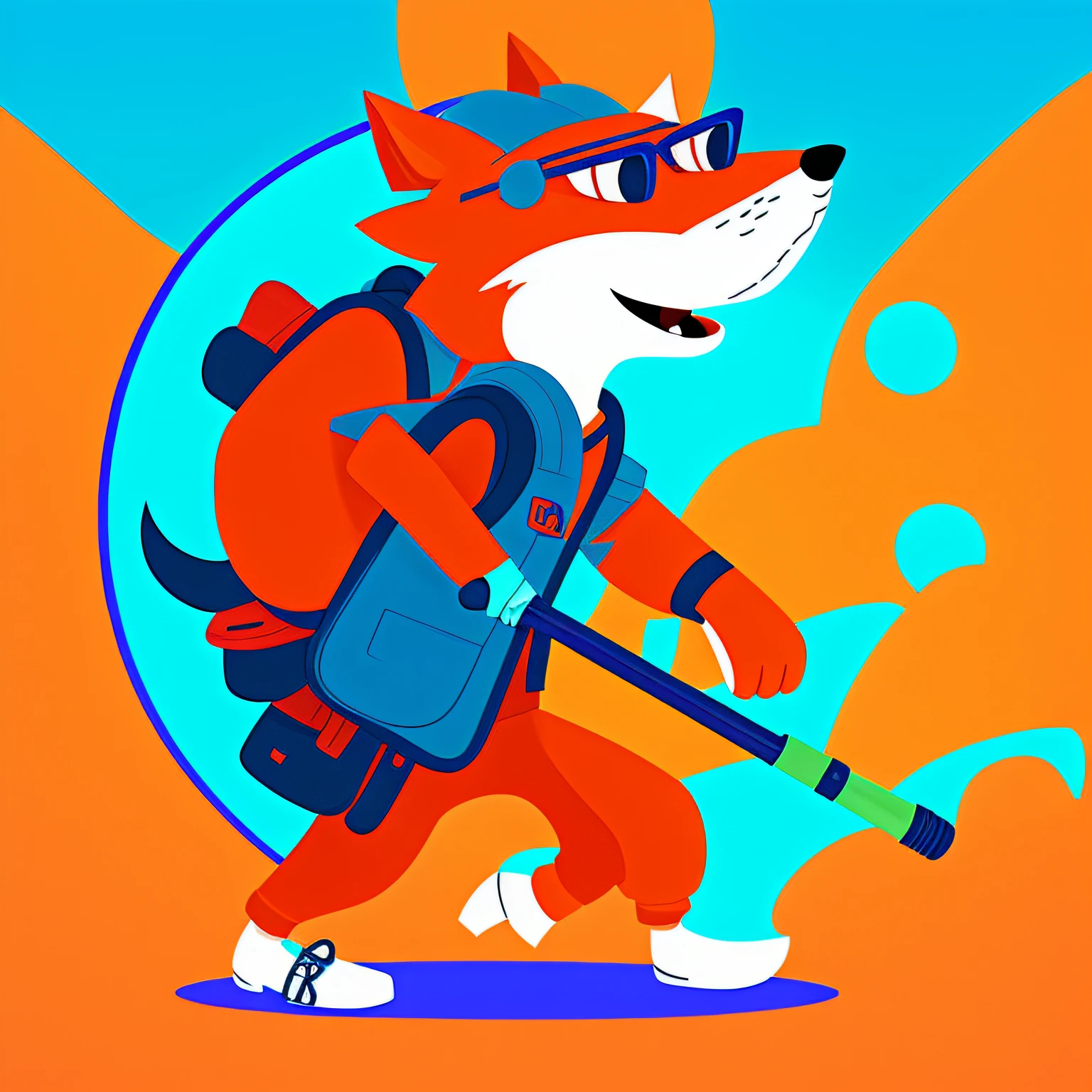 Cartoon fox walking with backpack and baseball bat, tonic the fox, an anthropomorphic cyberpunk fox, Fox scientist, Anthropomorphic fox, digital fox, anthropomorphic fox, foxish guy in a lab coat, fox from league of legends chibi, fox in a lab coat, shiba inu holding a baseball bat, Nick Wilde