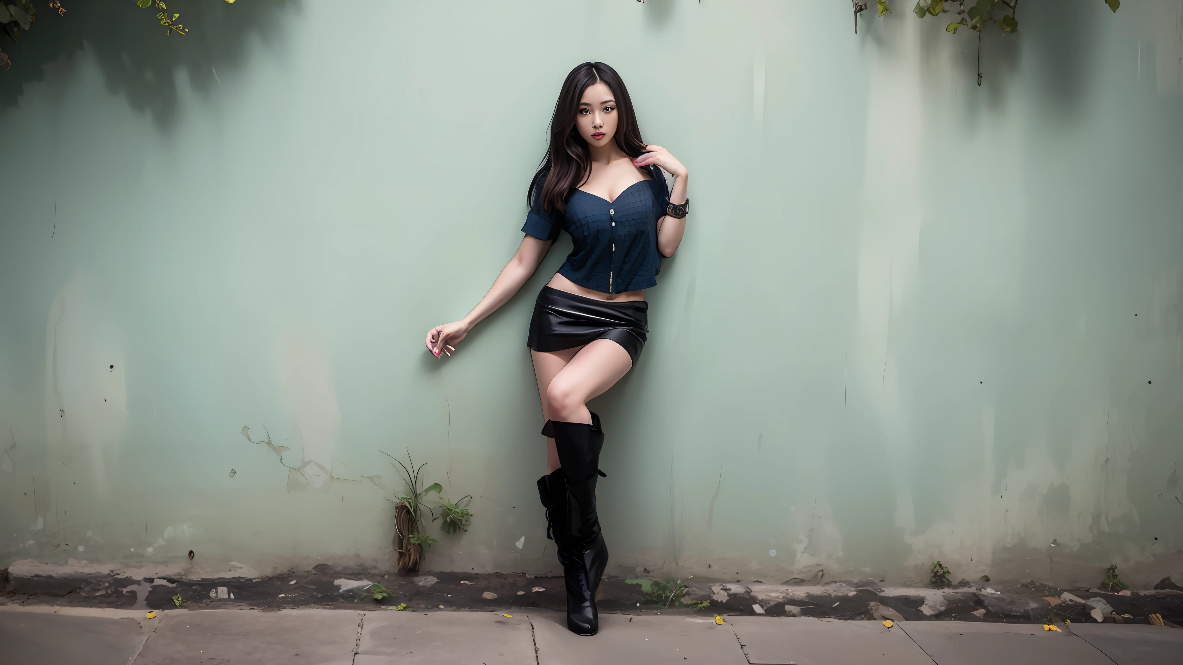 Mulher jovem, bonita, rosto perfeito, saia curta azul e top preto, top com decote, cleavage, botas pretas, roupas curtas, abdome exposto, abdome fino, encostado em uma parede cinza, Mulher sul-coreana bonita, linda mulher coreana jovem, cabelos loiros, coreana, Modelo de moda feminina coreana, Jiyun Chae, azul e preto, Parque Ji-min, mulher coreana jovem bonita, Ayami, Heonhwa Choe, azul quente e preto, Mulher coreana, Hwang SE - EM