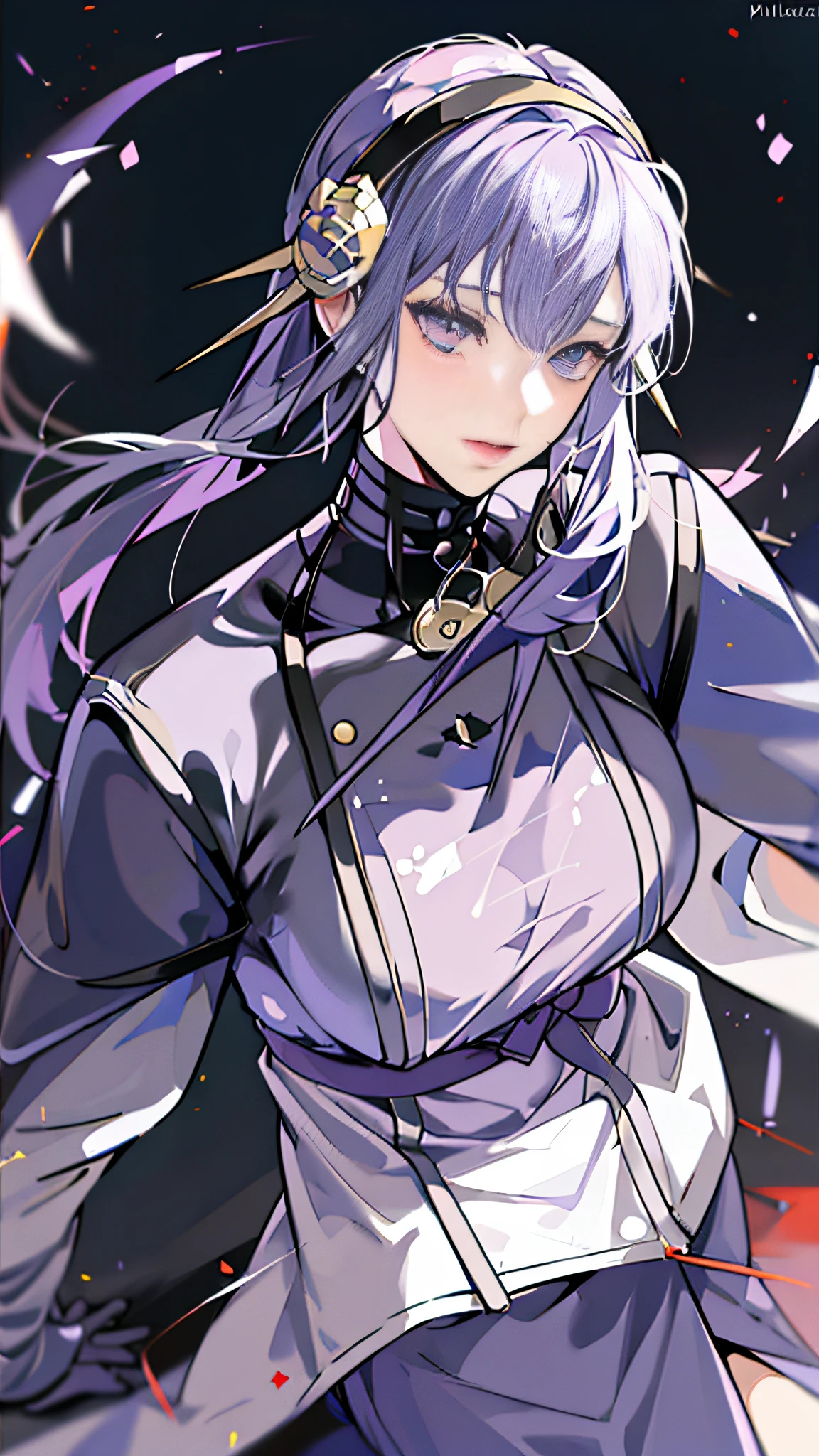 Raiden general,Sword chest,Cosmic palace background,Purple clothes,head gear,Eye bandages,long whitr hair,femele,Plump and slim body