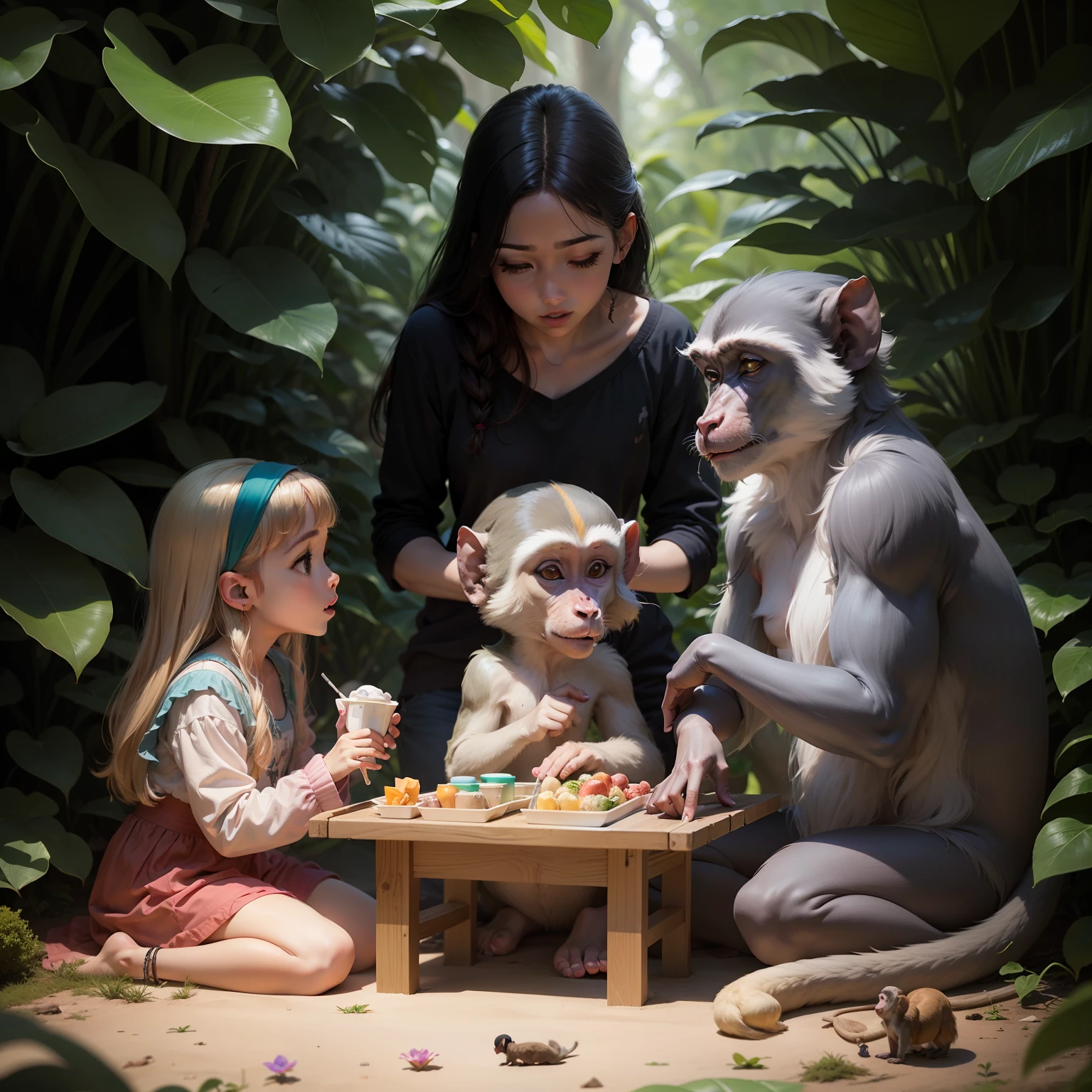 Crie uma arte vibrante e colorida com os personagens Pedro, Lucas e Sofia ao lado de seus novos amigos, o macaquinho Bento e a borboleta Luna, ultra realista2, They are in a clearing surrounded by lush flowers, compartilhando risadas e brincadeiras, seja criativo e ludico