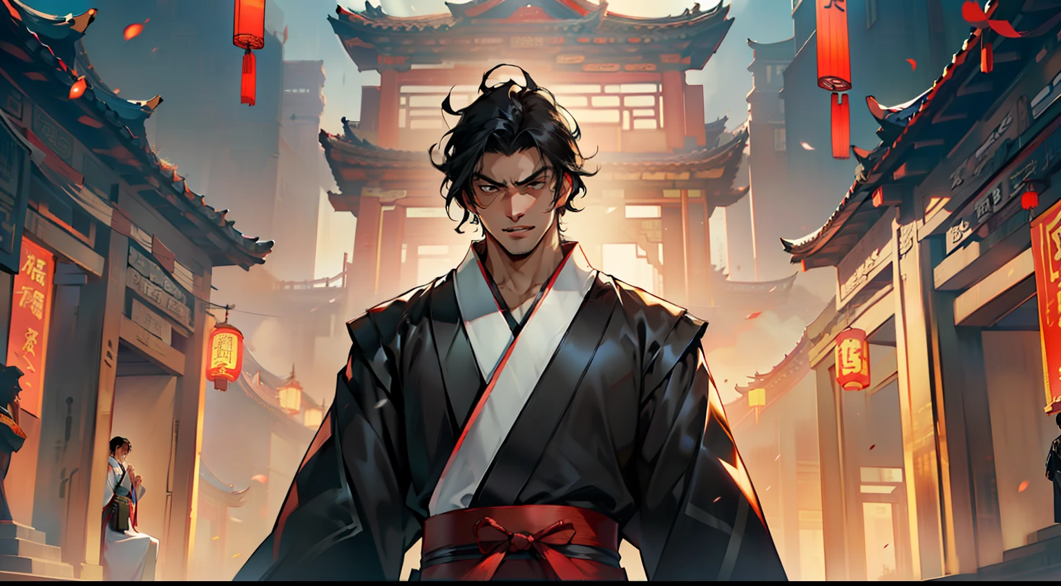 39, (1 person) (boy, ((Black coat)), ((Black Hanfu youth)), ((Black hair)), kingly air, gorgeous, handsome, outstanding temperament, feels despair but never gives up, grits his teeth and persists in the battle)(Background: in the sacred, magnificent ancient Chinese imperial palace).