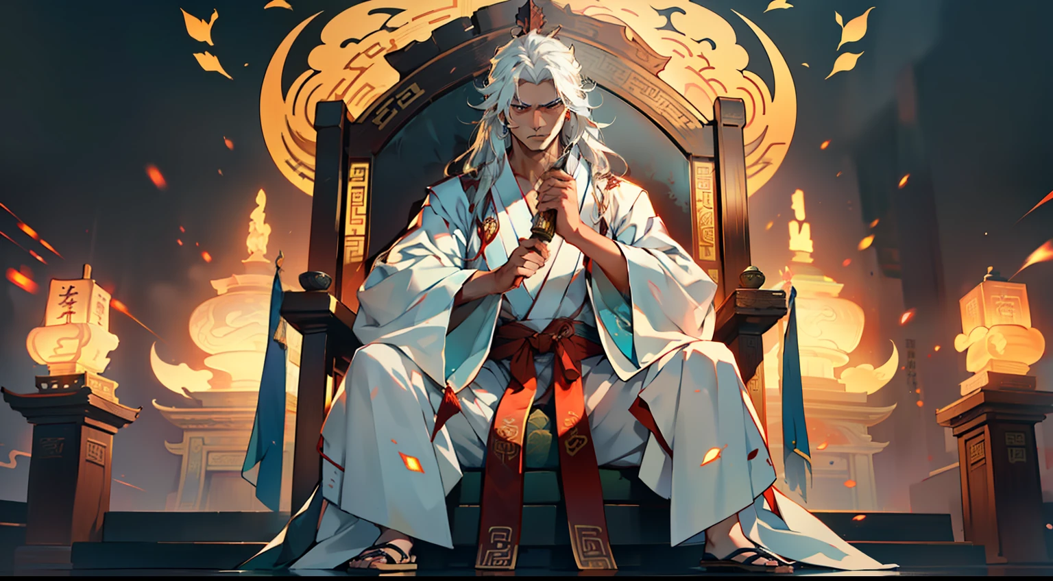 40, (1 person) (boy, ((white Hanfu youth)), ((Long white hair)), kingly air, gorgeous, handsome, outstanding temperament, sitting on the sacred throne, with a cold expression, prepares to deliver a fatal blow to the person in black)(Background: in the sacred, magnificent ancient Chinese imperial palace).