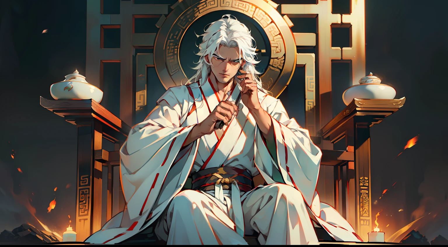 40, (1 person) (boy, ((white Hanfu youth)), ((Long white hair)), kingly air, gorgeous, handsome, outstanding temperament, sitting on the sacred throne, with a cold expression, prepares to deliver a fatal blow to the person in black)(Background: in the sacred, magnificent ancient Chinese imperial palace).