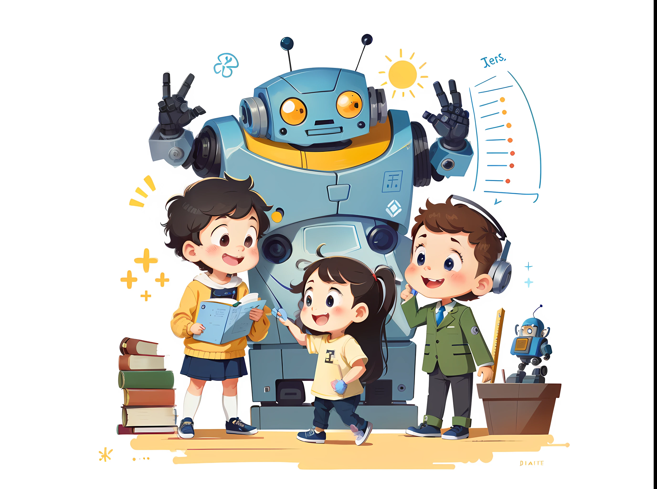 best quality, (robot teacher is having a class:1.2), (blackboard and chalk:1.1), book, ruler, magnifying glass, the children are listening,
adorable friendly robot, beautiful robot character design, (concise picture:1.2), kids book illustration, children's picture books, plane illustration, by Giorgio Cavallon
