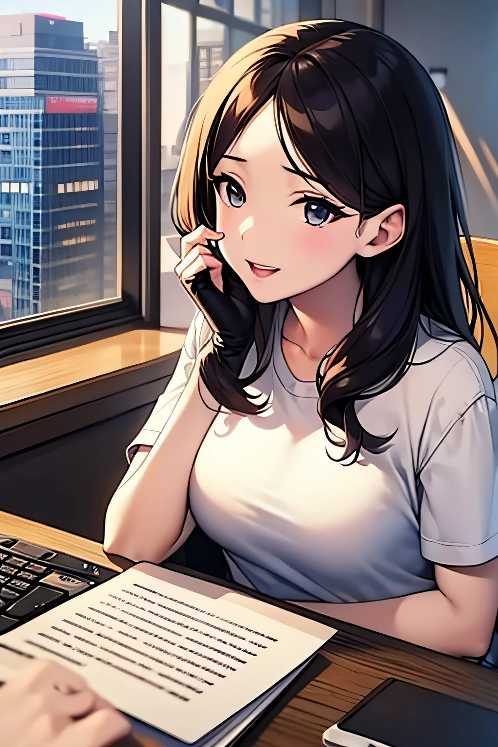 Japan anime style、Akasaka、On holidays, I work in the office on the 7th floor.、tshirts、Bright interior、35-year-old female president working on a computer、Looking at the camera