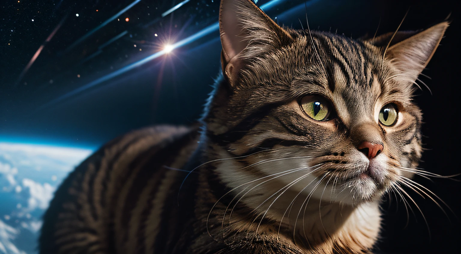 absolutely resolution,masutepiece,Best Quality,Extreme details, Ultra-detailed,Thinking cat,Outer space,photographrealistic,Upper body, Looking At Other,