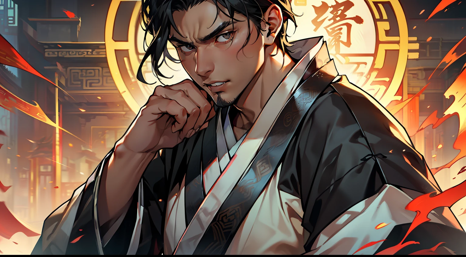 39, (1 person) (boy, ((Black coat)), ((Black Hanfu youth)), ((Black hair)), kingly air, gorgeous, handsome, outstanding temperament, feels despair but never gives up, grits his teeth and persists in the battle)(Background: in the sacred, magnificent ancient Chinese imperial palace).