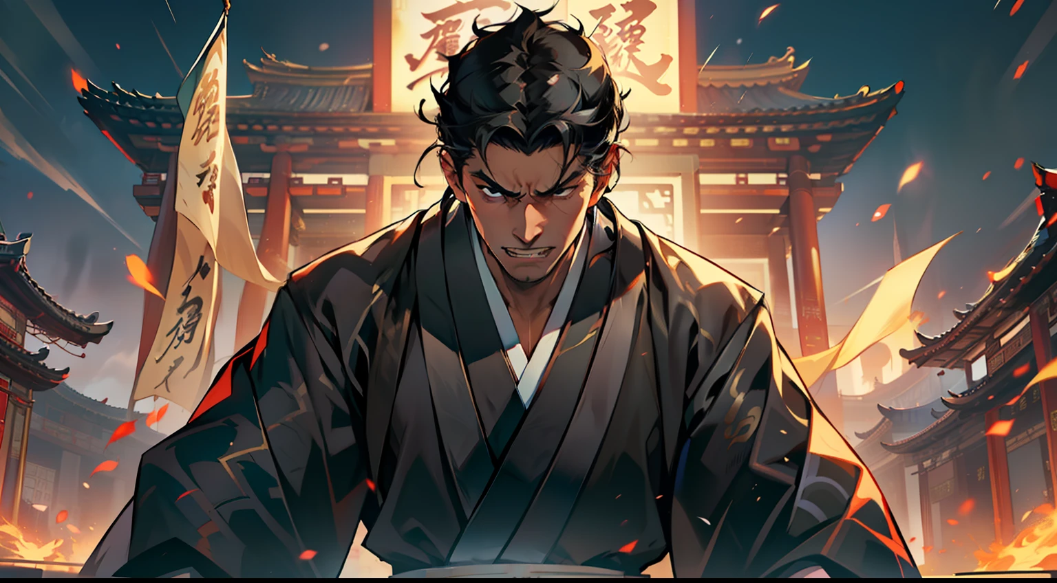 39, (1 person) (boy, ((Black coat)), ((Black Hanfu youth)), ((Black hair)), kingly air, gorgeous, handsome, outstanding temperament, feels despair but never gives up, grits his teeth and persists in the battle)(Background: in the sacred, magnificent ancient Chinese imperial palace).