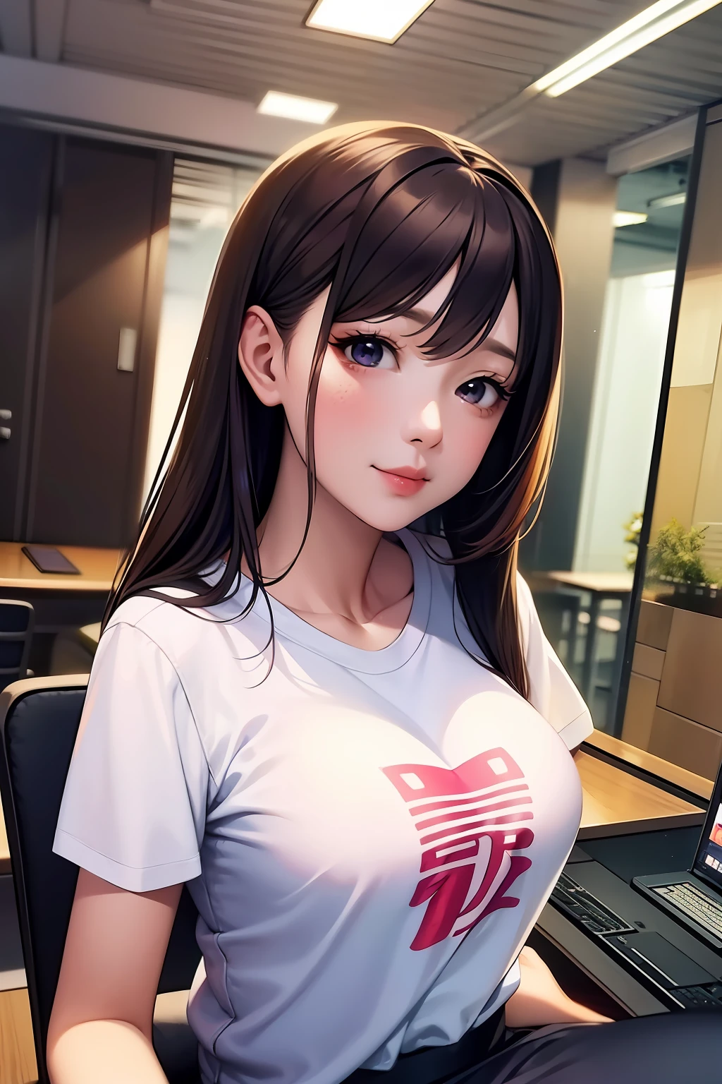 Japan anime style、Akasaka、On holidays, I work in the office on the 7th floor.、tshirts、Bright interior、35-year-old female president working on a computer、Looking at the camera