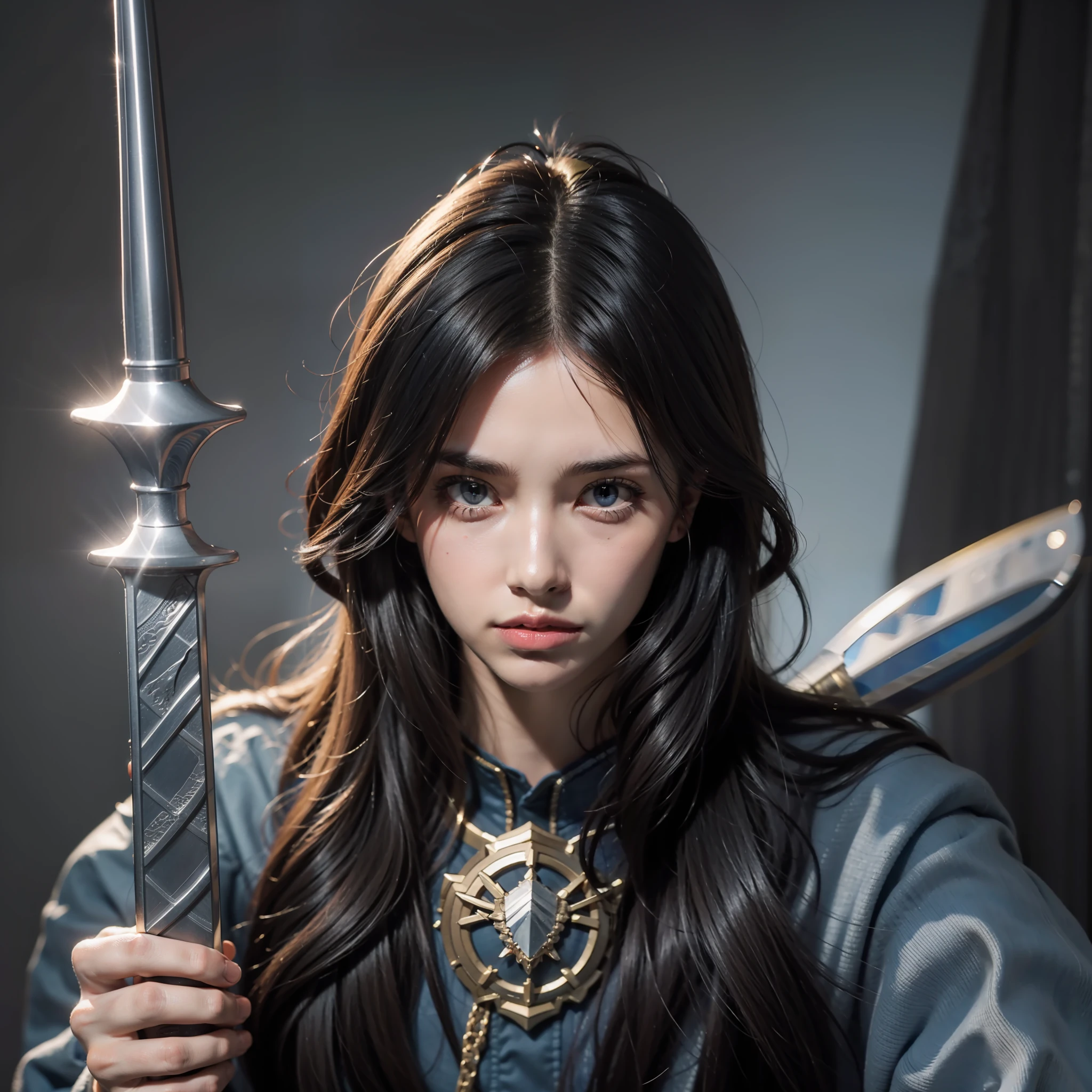8k, 1man, black hair, Dark blue eyes, Duke, beautiful face, serious, hold the sword , looking at the viewer