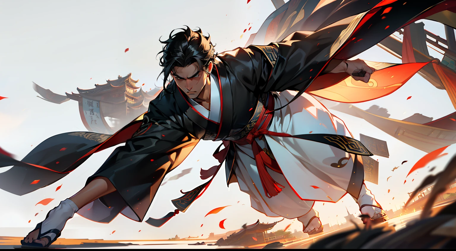 37, (1 person) (boy, ((Black coat)), ((Black Hanfu youth)), ((Black hair)), kingly air, gorgeous, handsome, outstanding temperament, swiftly navigates through the environment, attempting to escape from the pursuit of the person in white)(Background: in the sacred, magnificent ancient Chinese imperial palace).