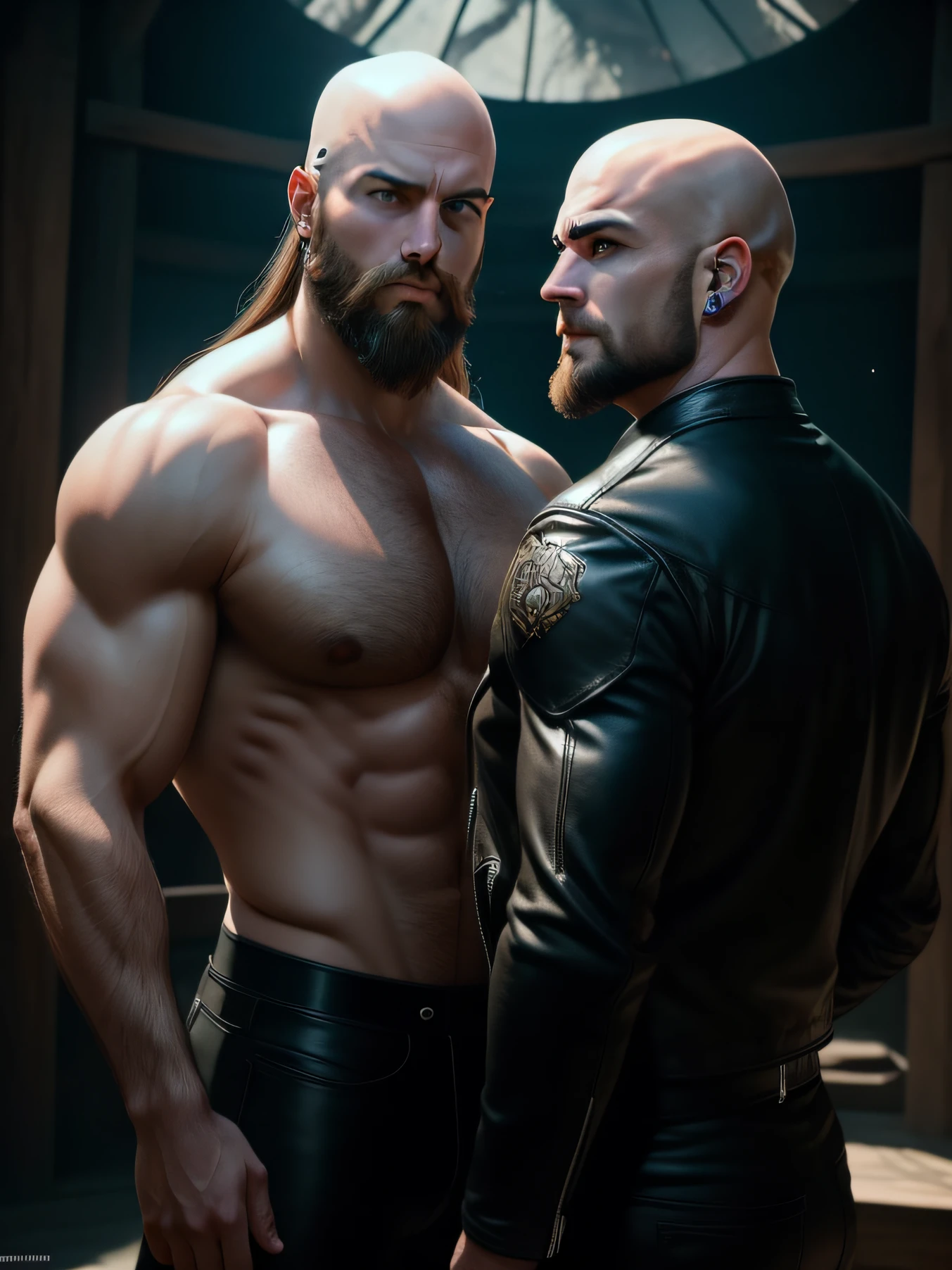 The two men posed back and forth together,Wear a tight leather jacket and coat、High boots、wearing peal stud earrings,Sexy and energetic,The pectoral muscles are strong and strong;A long messy hair、A bald man,Thick eyebrows, Europe, There is a beard,The scene is in the ranch,rays of sunshine,The atmosphere is pleasant and harmonious,There is love in the eyes,Look ahead。The bald man is a highly detailed portrait of the halo of the sun god Jesus Christ,Long-haired man is a highly detailed portrait image of the aura of the god Buddha,unreal-engine,The Art of Mark Leyden,globalillumination,Behind the lights,detailed and complex environment,Elden ring style