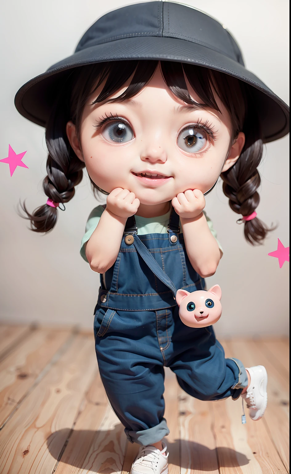 Blind box toy style,A cute girl,Walking with a hat and pink overalls, with black pigtails,