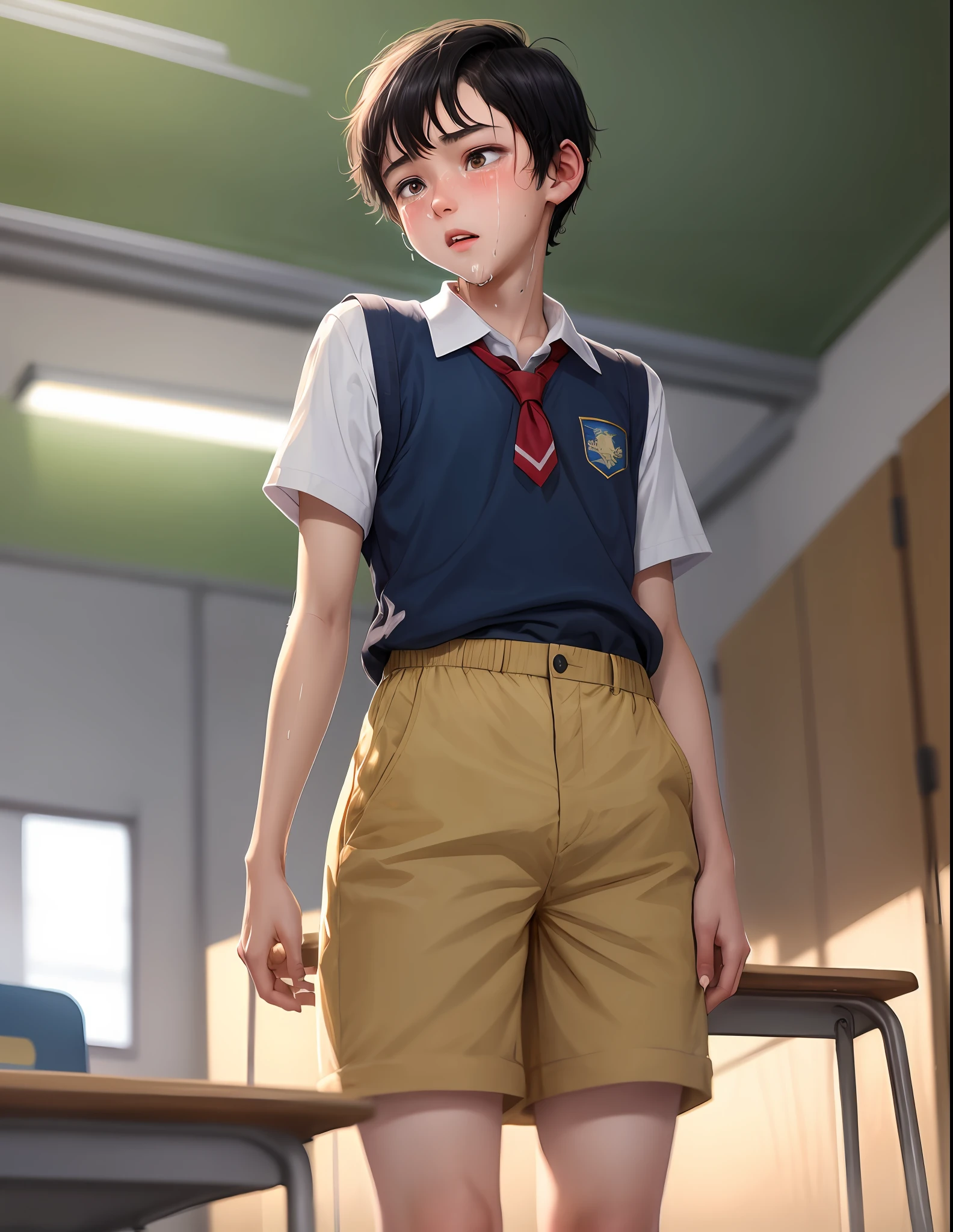 Boy pinching urine Short black hair Blue school uniform shorts White shirt Covering crotch Boy leaking urine Standing in classroom Class blushing embarrassed Sweaty tears Pants soaked