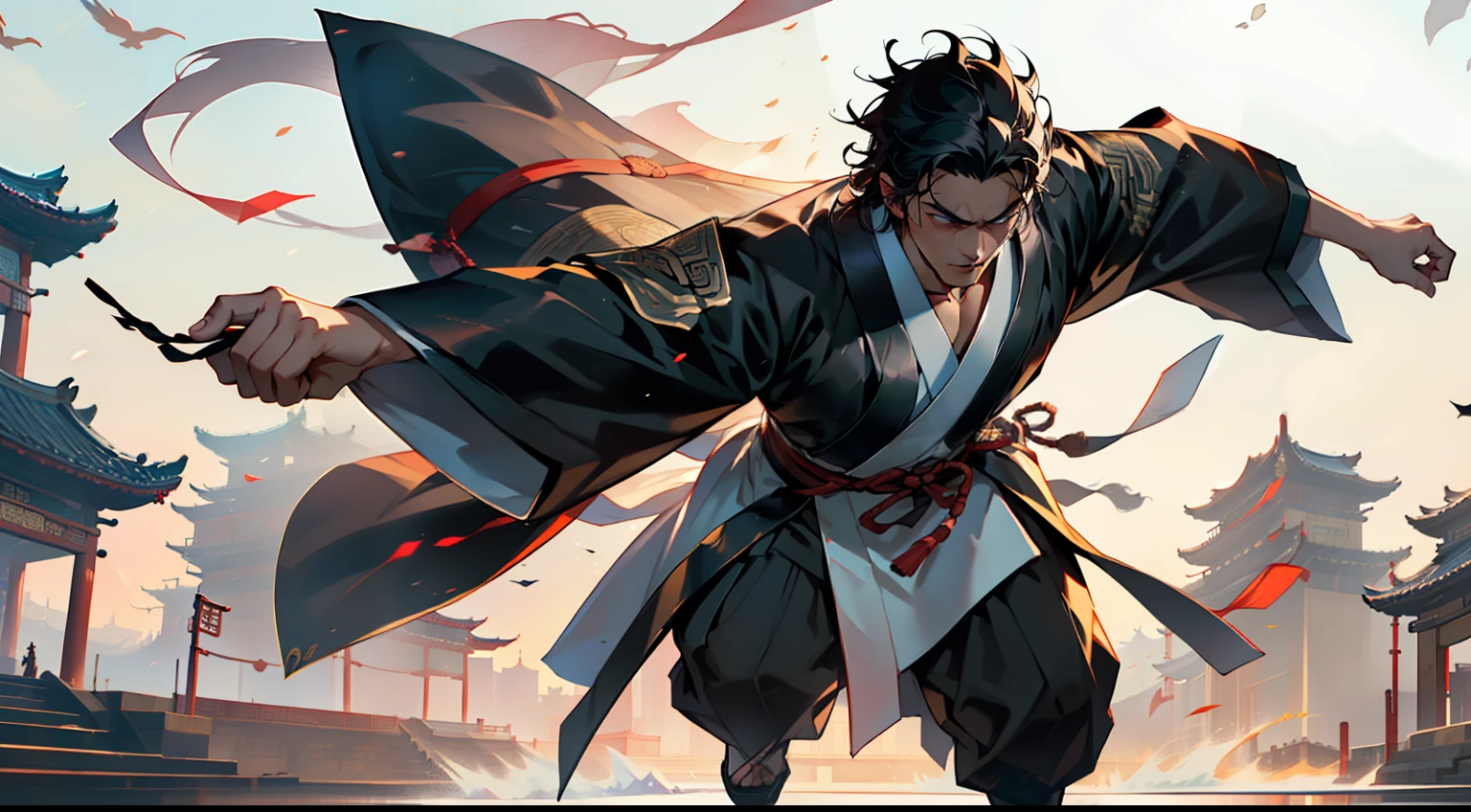 37, (1 person) (boy, ((Black coat)), ((Black Hanfu youth)), ((Black hair)), kingly air, gorgeous, handsome, outstanding temperament, swiftly navigates through the environment, attempting to escape from the pursuit of the person in white)(Background: in the sacred, magnificent ancient Chinese imperial palace).