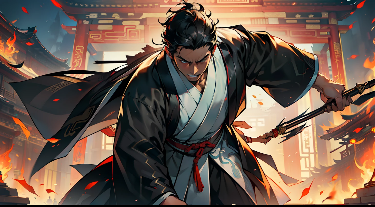 39, (1 person) (boy, ((Black coat)), ((Black Hanfu youth)), ((Black hair)), kingly air, gorgeous, handsome, outstanding temperament, feels despair but never gives up, grits his teeth and persists in the battle)(Background: in the sacred, magnificent ancient Chinese imperial palace).