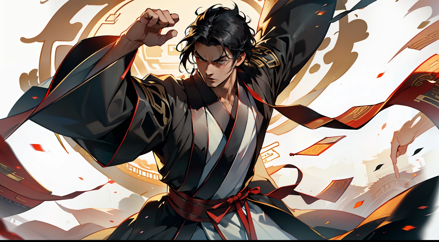 37, (1 person) (boy, ((Black coat)), ((Black Hanfu youth)), ((Black hair)), kingly air, gorgeous, handsome, outstanding temperament, swiftly navigates through the environment, attempting to escape from the pursuit of the person in white)(Background: in the sacred, magnificent ancient Chinese imperial palace).