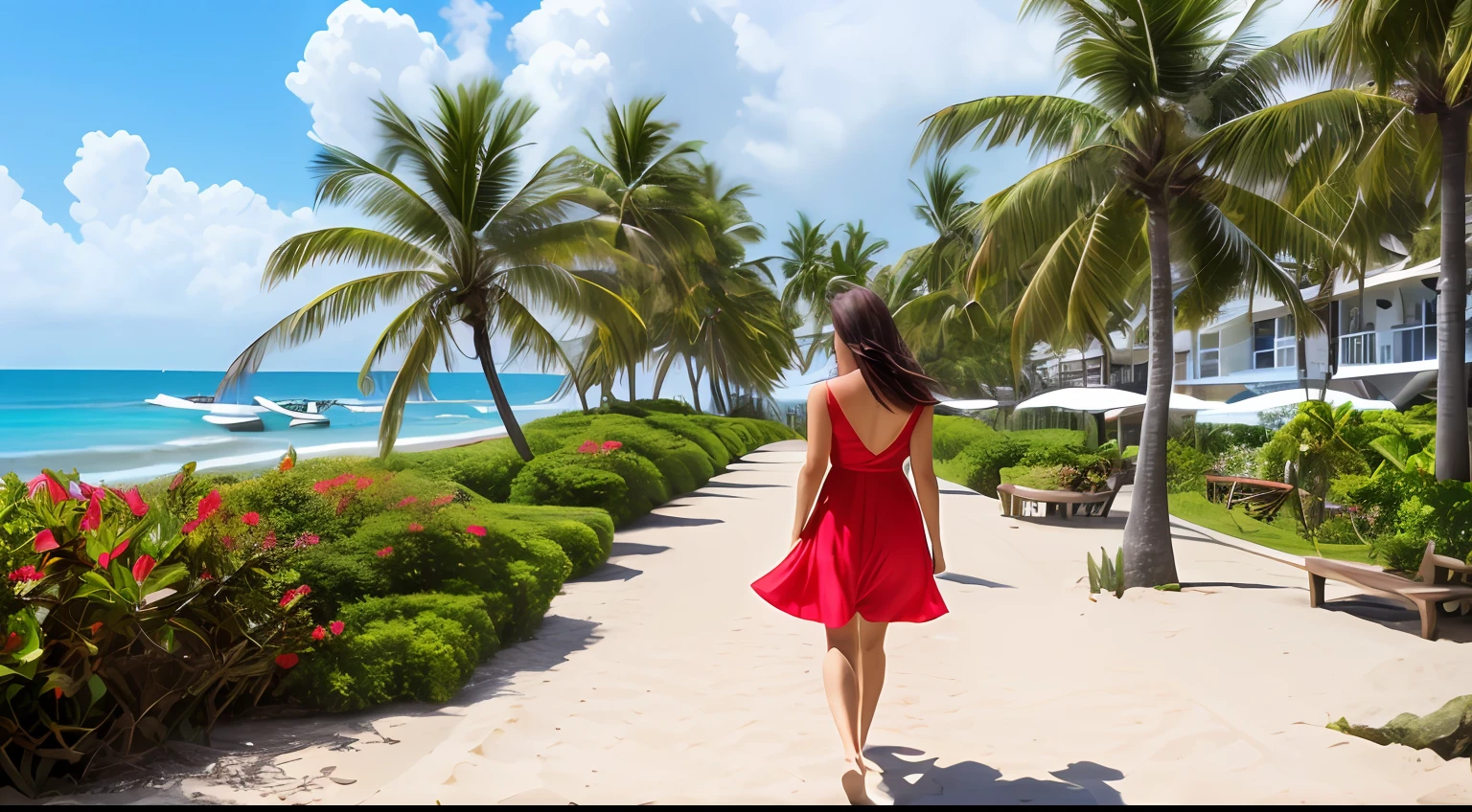 （RAW photos，best qualtiy），highdetailskin，exteriors，Breathtaking tropical beach views, sandbeach，seagulls，Coconut Tree，Recife，Beautiful asian woman，perfect bodies，short red dress，Take a walk by the sea，Face away from the camera，Turning around，独奏，Bare legs，long whitr hair， (Masterpiece), (Best quality), Highly detailed skin, insanely details, hdr, Sharp, Perfect focus, Bokeh, scenecy，photography of，Ultra photo realsisim，prospect,