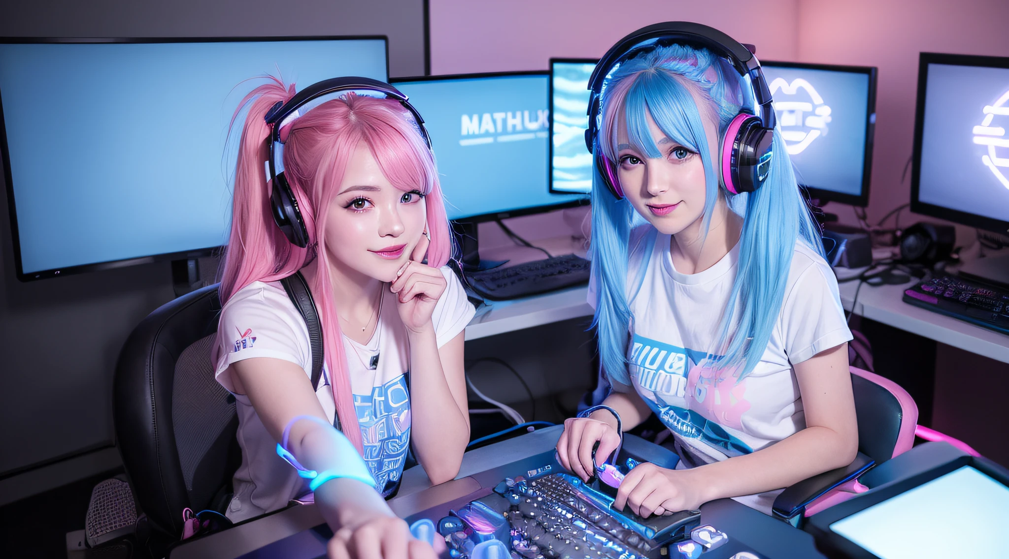 best quality, ultra high res, (photorealistic:1.4), (pink and blue neon light), beautiful face, natural makeup, (PureErosFace_V1:0.8), | 1 woman, casual cloth, skirt, intricate design, headphone, blue hair, twin tail hair, | sitting on gaming chair, gaming room background, streamer, gamer, gaming pc, (smile)