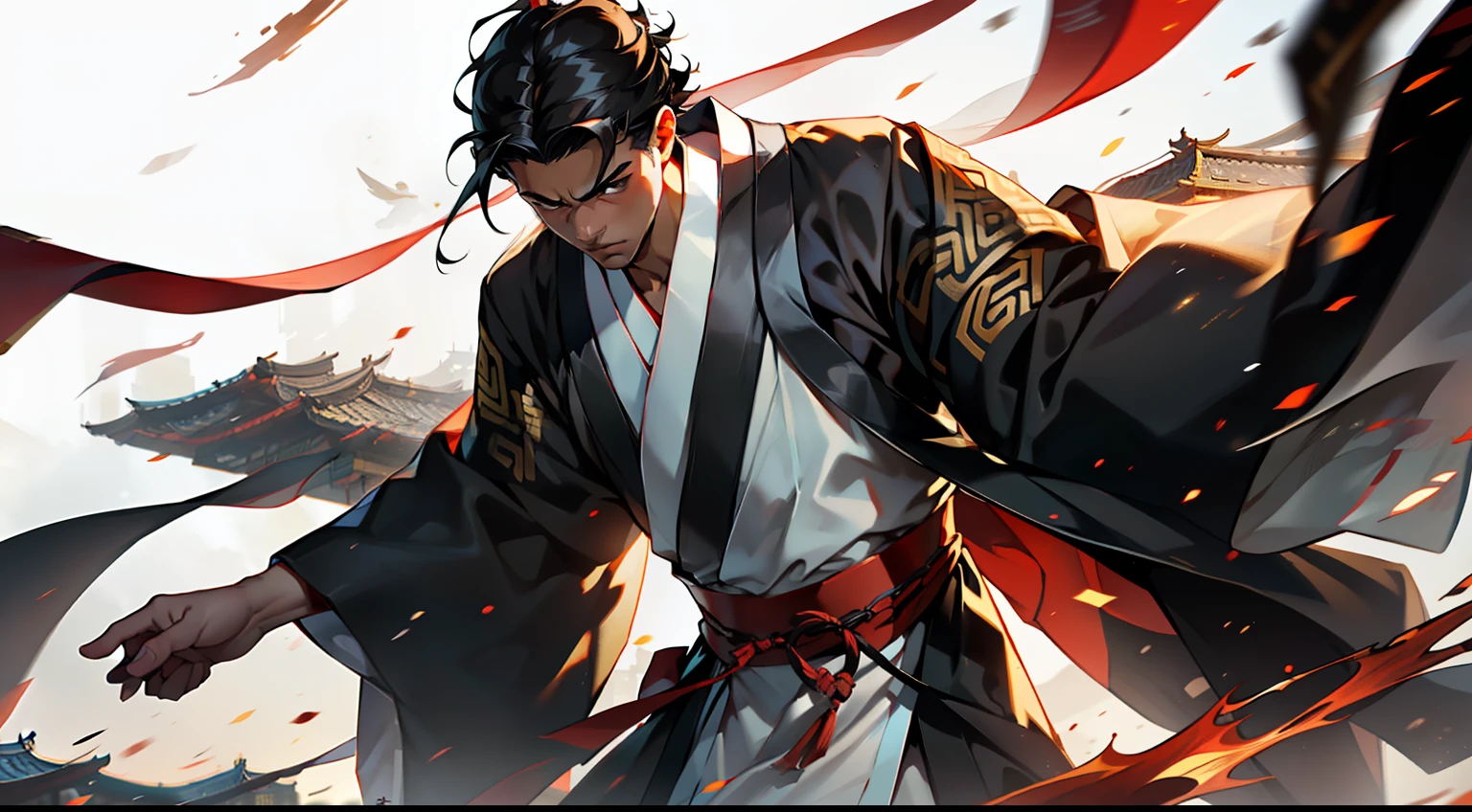 37, (1 person) (boy, ((Black coat)), ((Black Hanfu youth)), ((Black hair)), kingly air, gorgeous, handsome, outstanding temperament, swiftly navigates through the environment, attempting to escape from the pursuit of the person in white)(Background: in the sacred, magnificent ancient Chinese imperial palace).