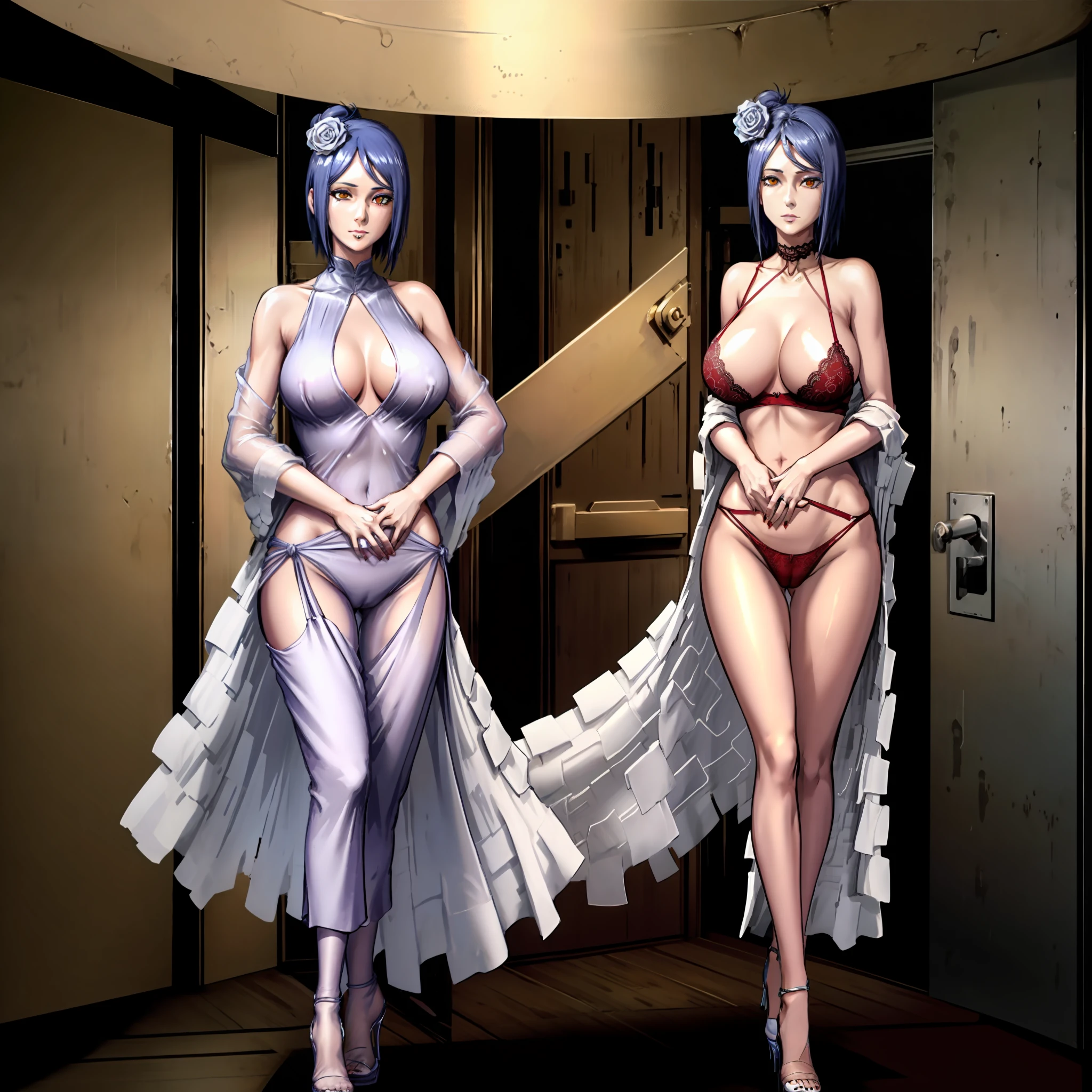 Wear lace pajamas,Visible lace transparent lingerie,Standing in the doorway,One hand crosses the waist,perfect bodies,Large of breast,cleavage,The are visible,looks into camera,The atmosphere is ambiguous,high qulity,high detal,oestrus,Whole body diagram,Blue high heels