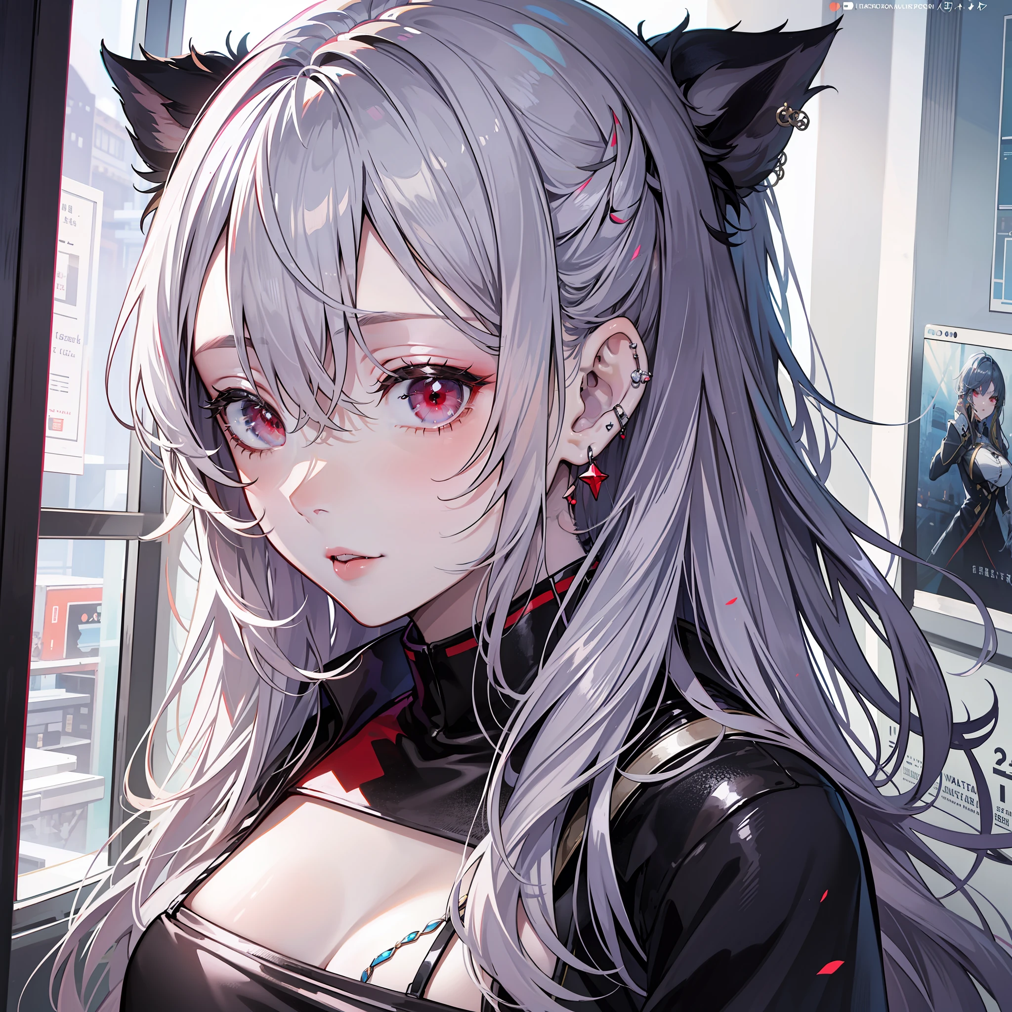 Kizi,(silber hair:1.5),Shiny hairstyle,Messy hairstyle,long whitr hair,耳Nipple Ring,(red - eyed:1.2),collofull eyes,Clear red lips,super detailing,Perfect face,Textured transparent garment,black uniforms,(perfect bodies:2.0),Retina Screen,ultra-realistic realism,style of anime,artistic décor,first person perspective,head portrait,(in a panoramic view:2.0),hyper HD。