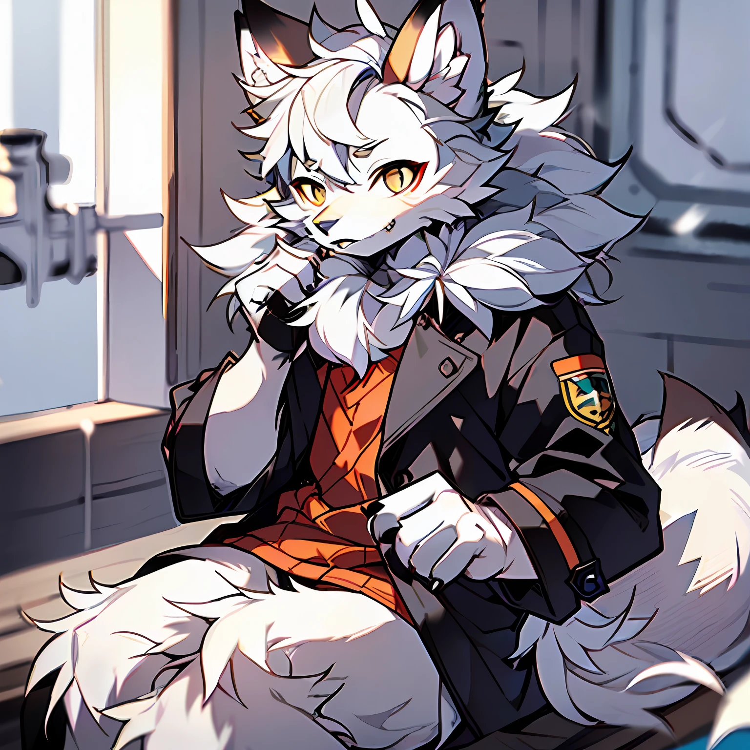 Best Picture Quality), (tmasterpiece), ((solo person))(ultra - detailed), (hairy pubic), (Male Arctic fox:1.5), (Gray fur:1.3), (Fluffy tail:1.2), (Golden eyes), (sharp talons), (grey ears), tack sharp focus,(The furry feeling of animal ears),Sitting on the boat,Wear a black trench coat
