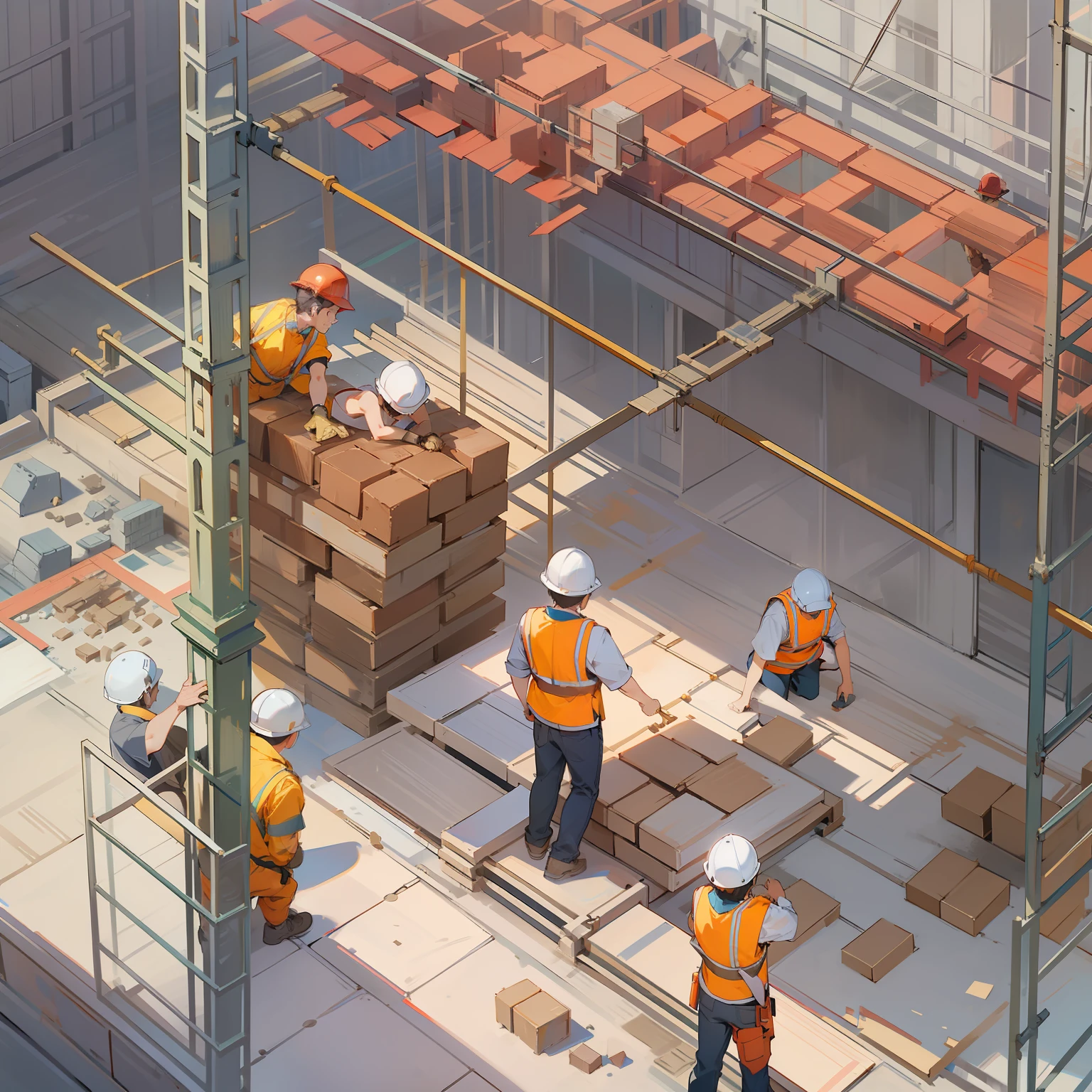 Construction site,A man laying bricks on scaffolding without a hard hat,Another man wearing a red hard hat and a reflective vest came over to reprimand the man。Illustration style。