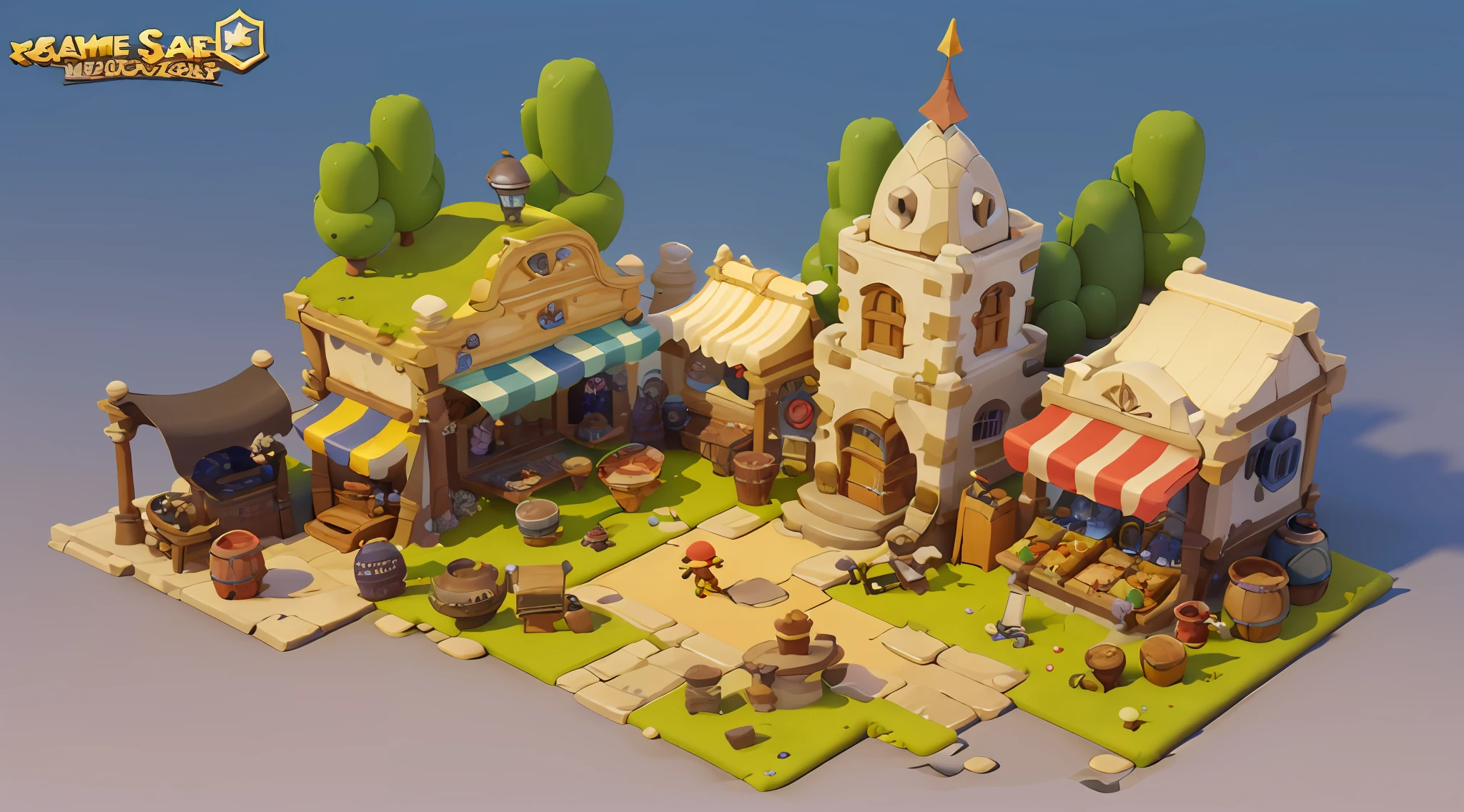 Game architecture design， cartoony， Fantasy town，Plaza， steins， grassy，bazaars， Equipment shop， Weapons Shop，the trees， critters， casual game style， 3d， tmasterpiece， super detailing， Best quality at best