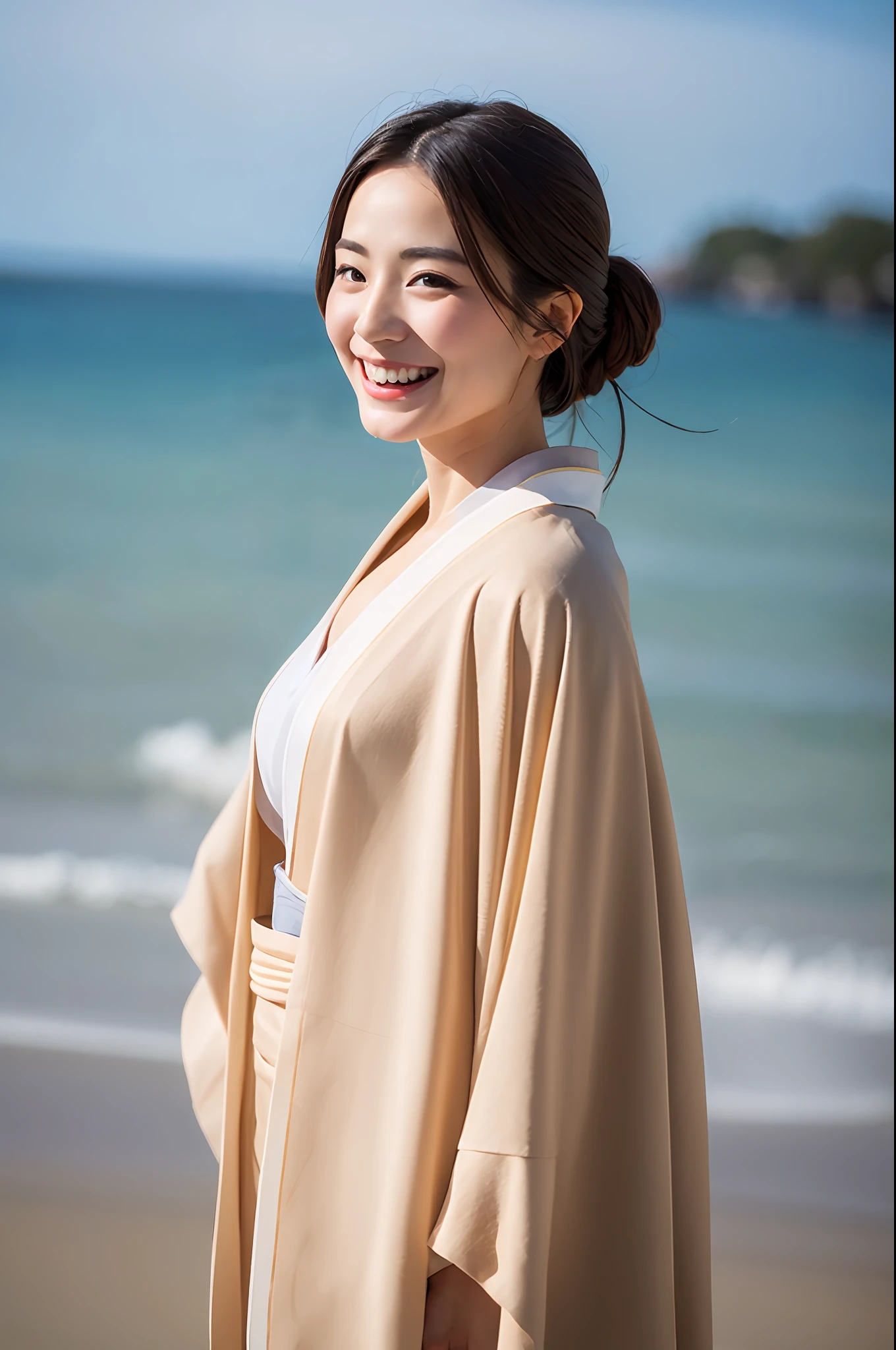 beautiful japanese female、Vivid kimono、top-quality、​masterpiece、超A high resolution、Photorealsitic、Look at the horizon、A smile、Blurred background