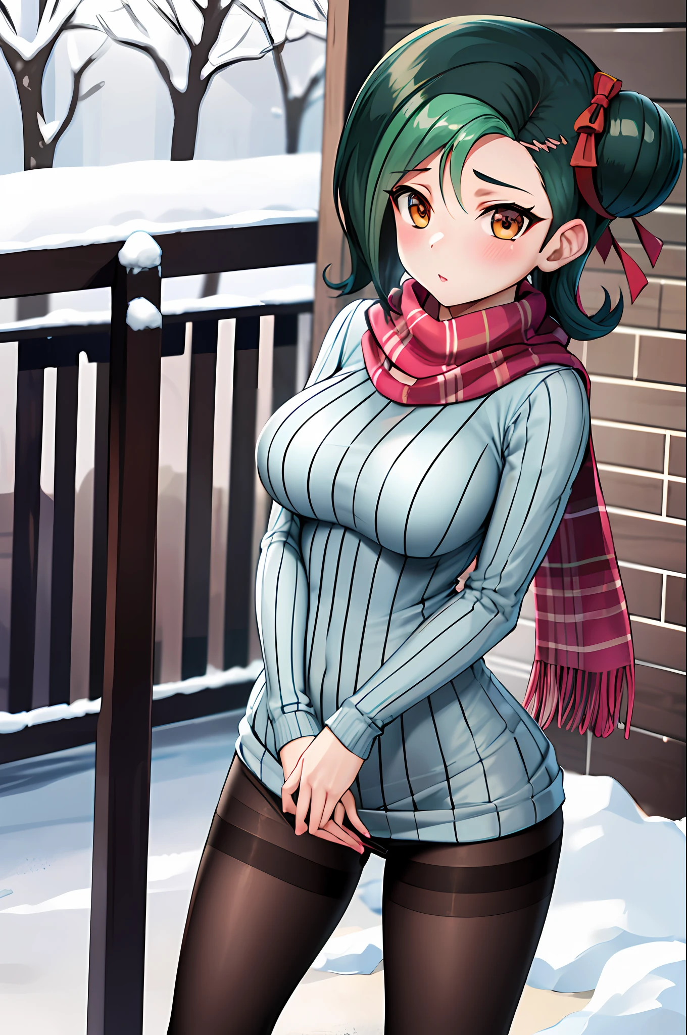 masterpiece, best quality, highres, hmkotori, short hair, multicolored hair, single hair bun, hair ribbon, small breasts, ribbed sweater, long sleeves, scarf, sweater dress, black pantyhose, snow, outdoors, standing, large breasts