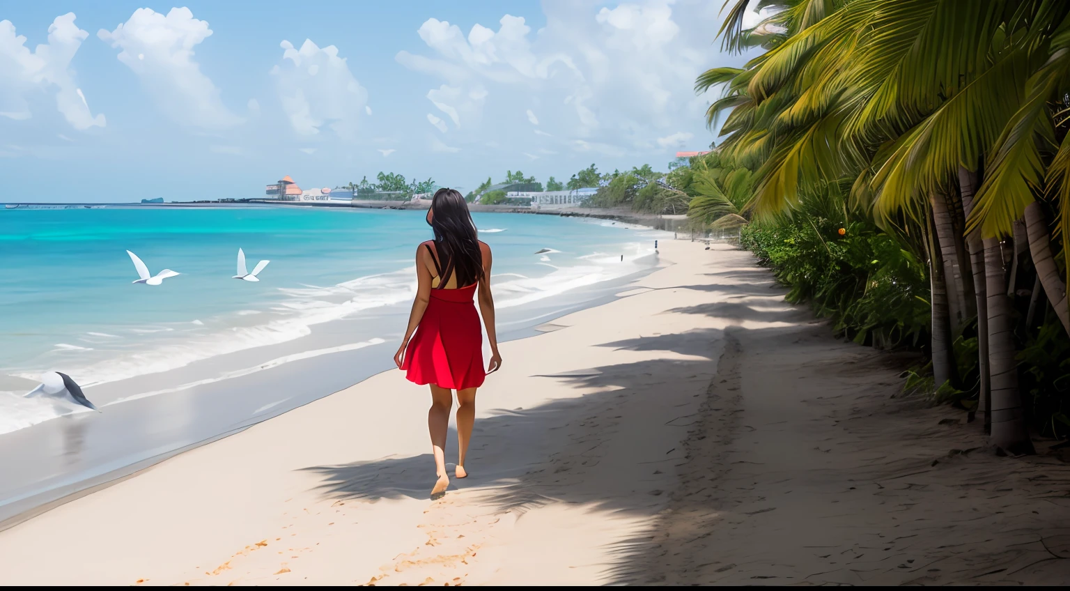 (RAW photos,best qualtiy),highdetailskin,exteriors,Breathtaking tropical beach views, sandbeach,seagulls,Coconut Tree,Recife,Beautiful asian woman,perfect bodies,short red dress,Take a walk by the sea,(Face away from the camera),Turning around,独奏,Bare legs,long whitr hair, (Masterpiece), (Best quality), Highly detailed skin, insanely details, hdr, Sharp, Perfect focus, Bokeh, scenecy,photography of,Ultra photo realsisim,Long-range shots,