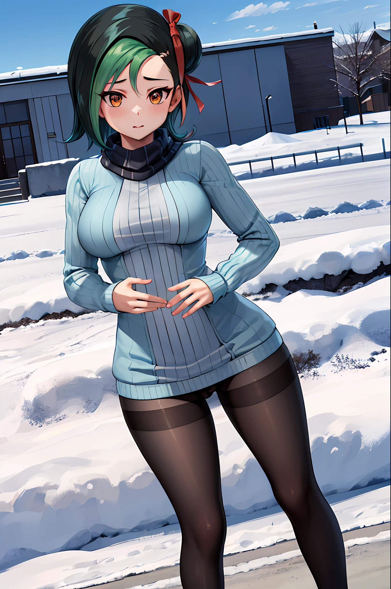 masterpiece, best quality, highres, hmkotori, short hair, multicolored hair, single hair bun, hair ribbon, small breasts, ribbed sweater, long sleeves, scarf, sweater dress, black pantyhose, snow, outdoors, standing, large breasts