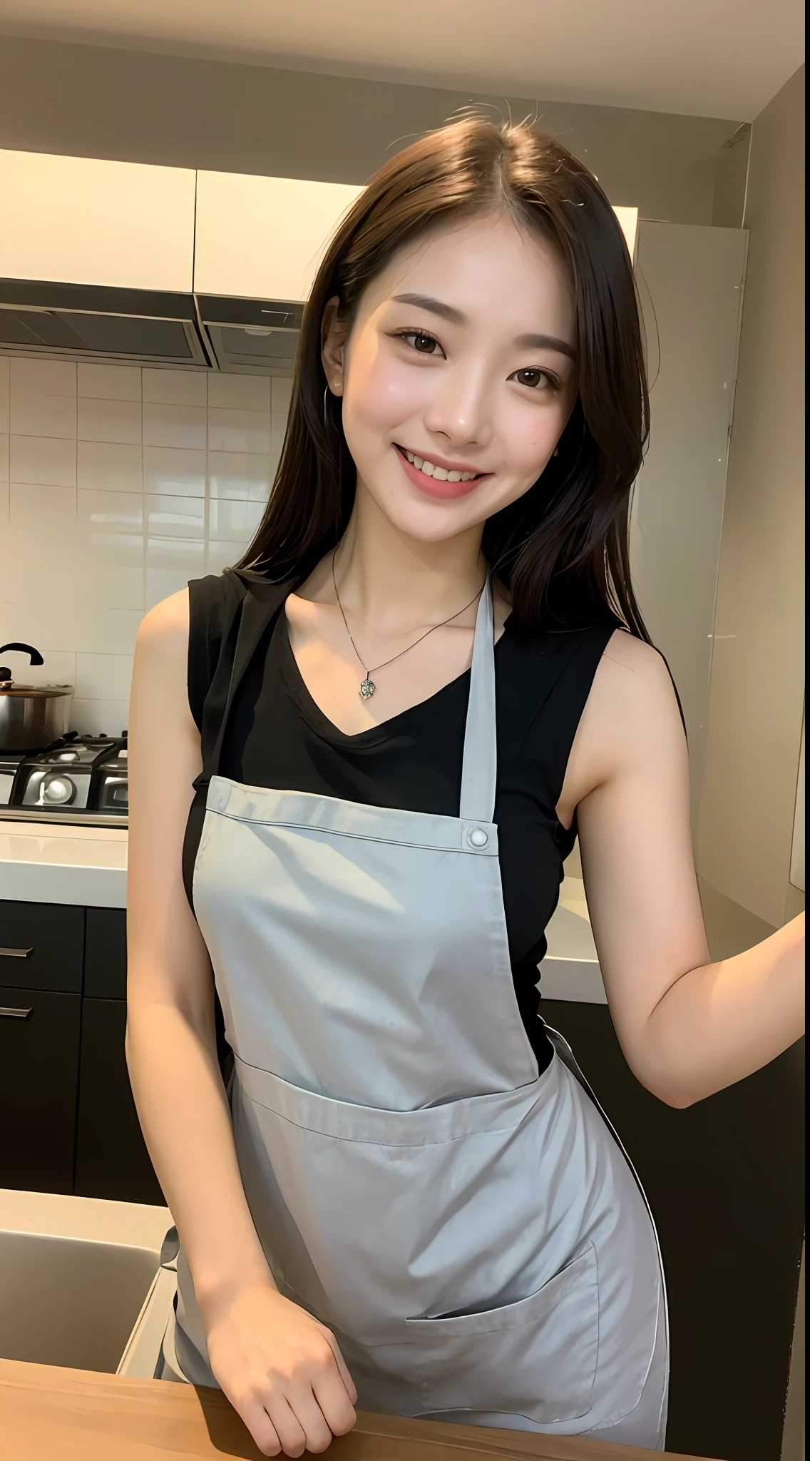 (Best quality, 8k, masterpiece: 1.3), a beautiful woman with perfect figure: 1.4, dark brown hair, wearing a pendant, wearing an apron, in the kitchen, highly detailed face and skin, detailed eyes, double eyelids, big breasts, smile