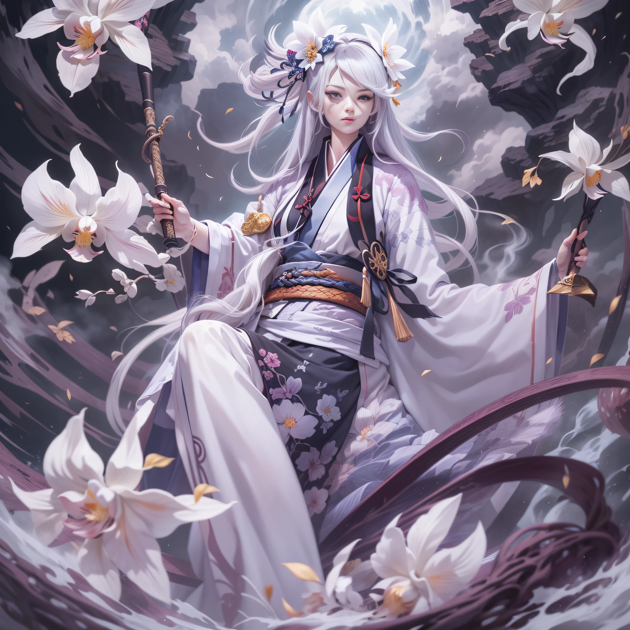 Hyakki Night Line，Yokai log，Yokai Guide，（Kyoto panel painting style），(anime figure），whaite hair, Onmyoji detailed art, White-haired god, onmyoji, onmyoji portrait, （beautiful male god of death）, Detailed bushido form smoke, （Anime epic artwork）, Anime fantasy illustration, Popular on artstation, detailed anime character art，White orchids fall，best qualtiy，super detailing，8K