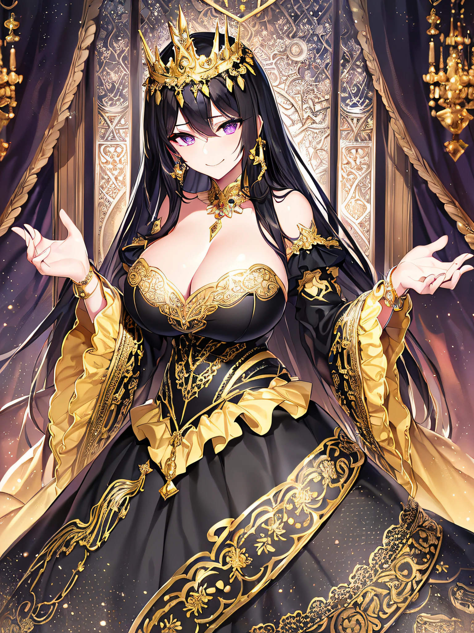 ((anime artstyle)),(Masterpiece),(Best Quality), (Super Detail),((Very Delicate and Beautiful)),Focus on character,Dynamic Angle,Looking at viewer,((Solo)),standing,((full body)),((one queen in gorgeous embroidery black and gold gorgeousfull ball gown with voluminous skirt)),((BlingBling)),((arrogant)),((naughty smile)),(Purple eyes),Sharp eyes,detailed face and eyes,jewel-like eyes,((Very Long voluminous black Hair)),Straight Hair,((Bangs between eyes)),((gorgeousfull embroidery and lace)),gorgeous corsage,See-through,Gorgeous jewelry ornaments,gorgeousfull BlingBling hair ornament,gorgeousfull BlingBling tiara with jewels,ornate ruffles,skindentation,((gigantic breasts,Long breasts)),((full body)),((hoop skirt,crinoline)),(((gorgeous embroidery and jeweled black and gold gorgeousfull ball gown with voluminous hoop skirt)))